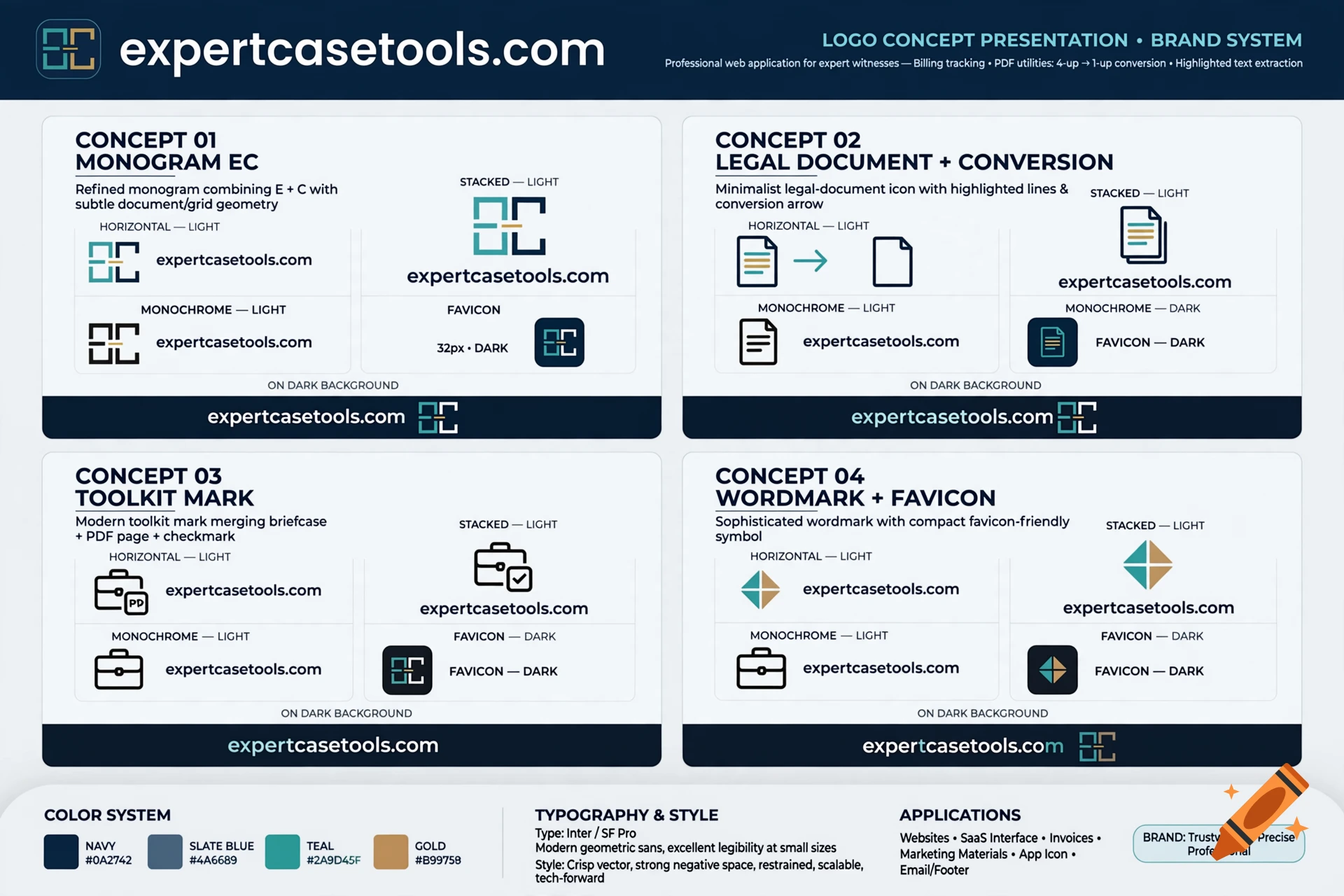 A branding and logo concept presentation for expertcasetools.com featuring monogram and icon designs.
