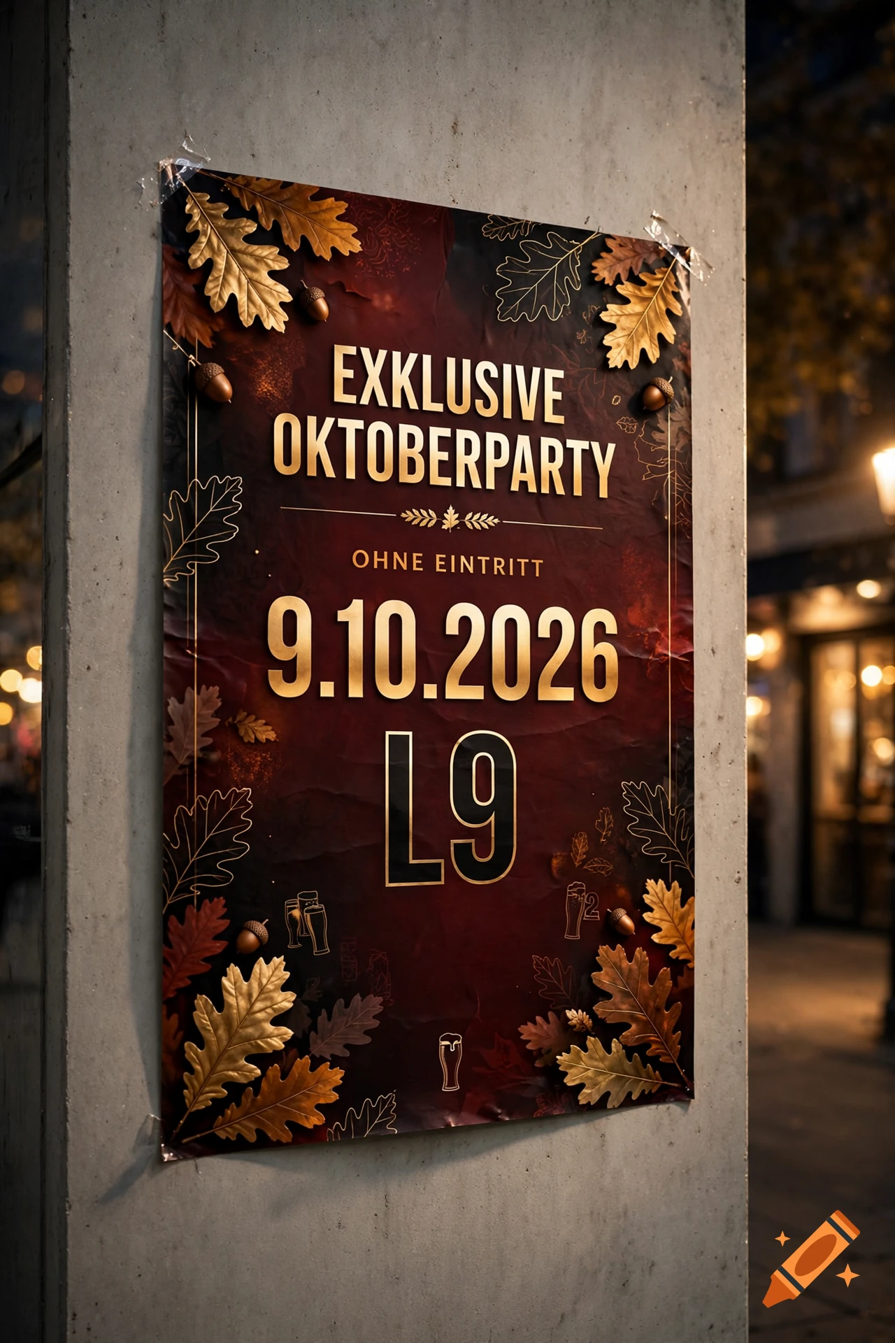 Photorealistic poster for an Oktoberfest party attached to a concrete pillar, featuring gold typography and autumn leaves.