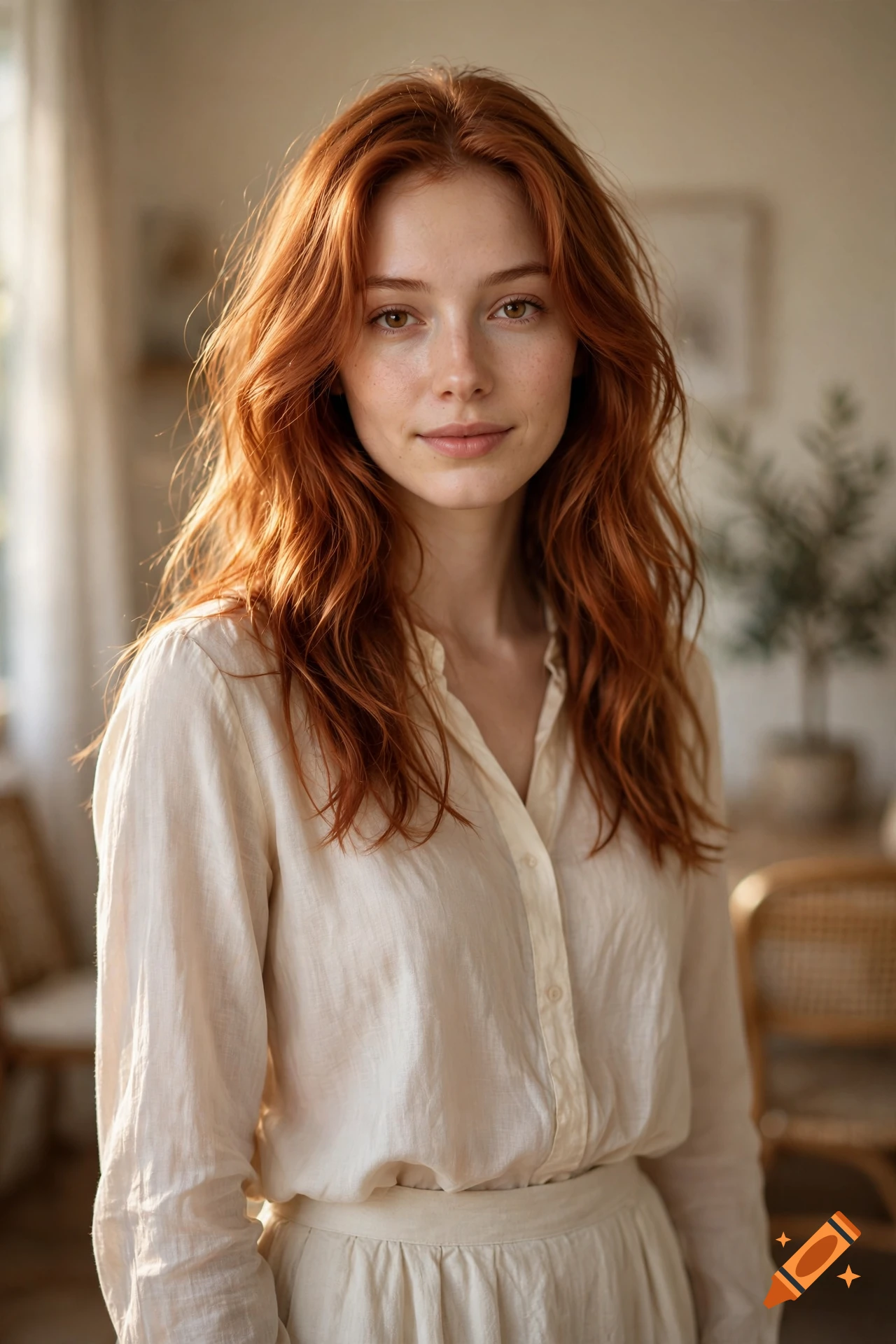 Photorealistic portrait of a young woman with coppery red hair and freckles wearing a cream-colored button-down shirt.