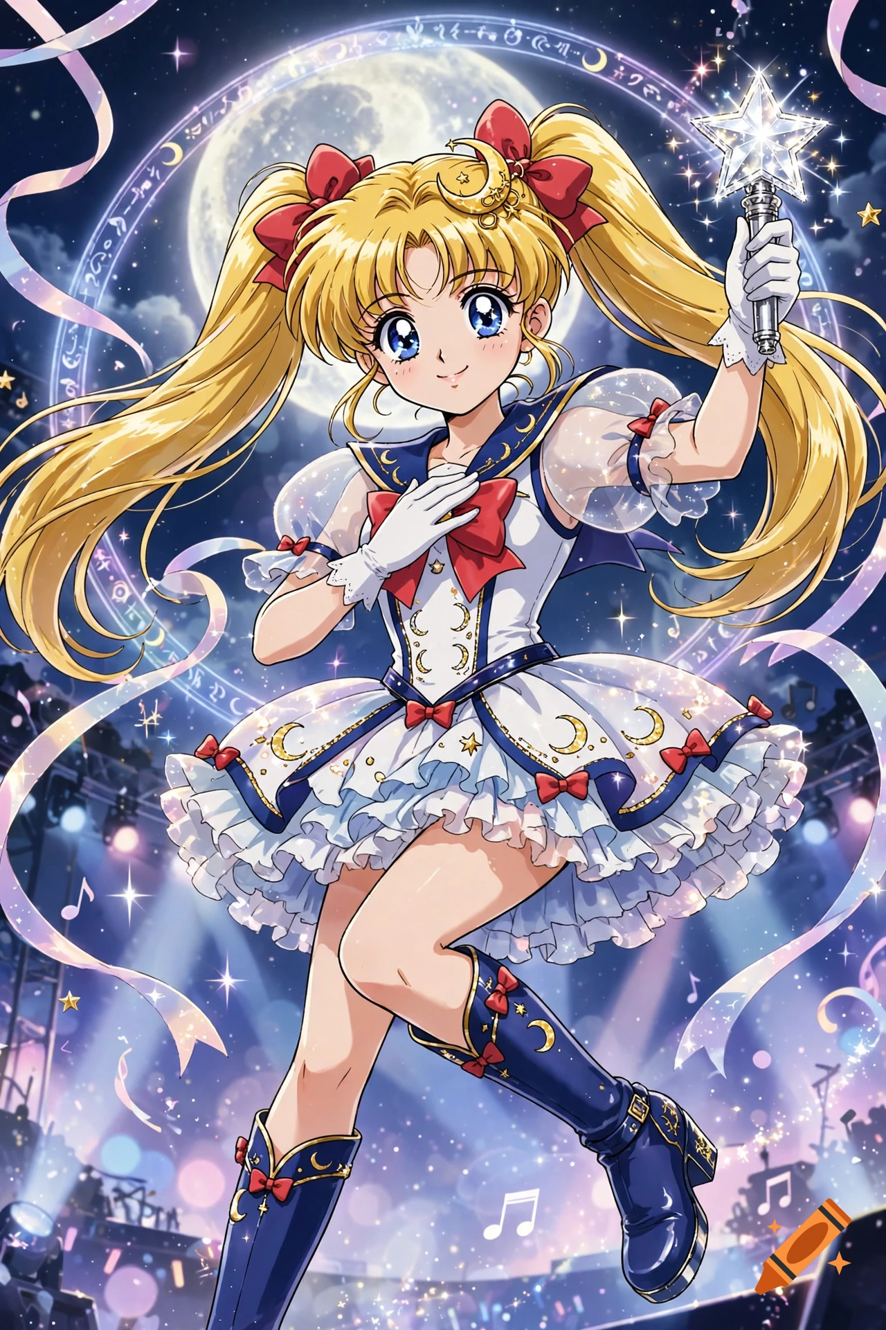 Anime illustration of a magical girl with blonde pigtails in a sailor-style idol dress, holding a star wand on stage.