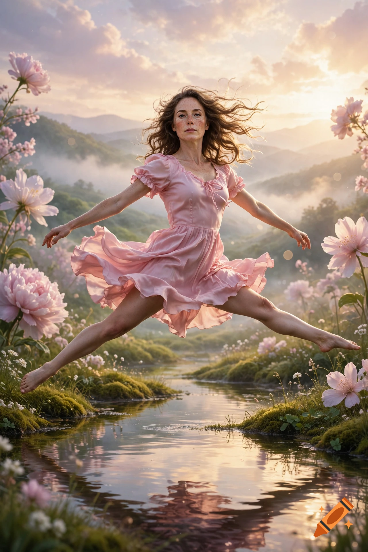 A woman in a pink dress leaping gracefully over a stream in a dreamy mountain landscape filled with large pink flowers, photorealistic.