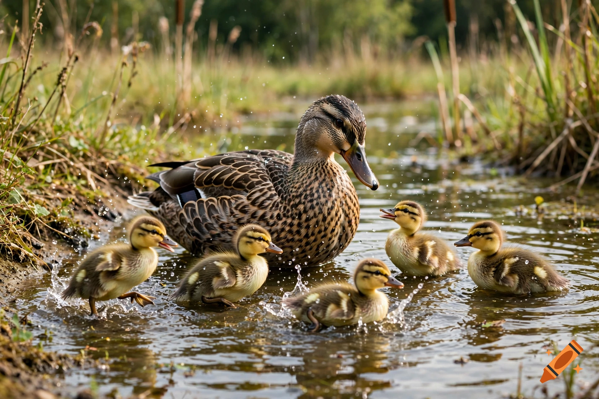 An adult duck surrounded by five ducklings splashing in a shallow pond with green reeds in the background, photorealistic.