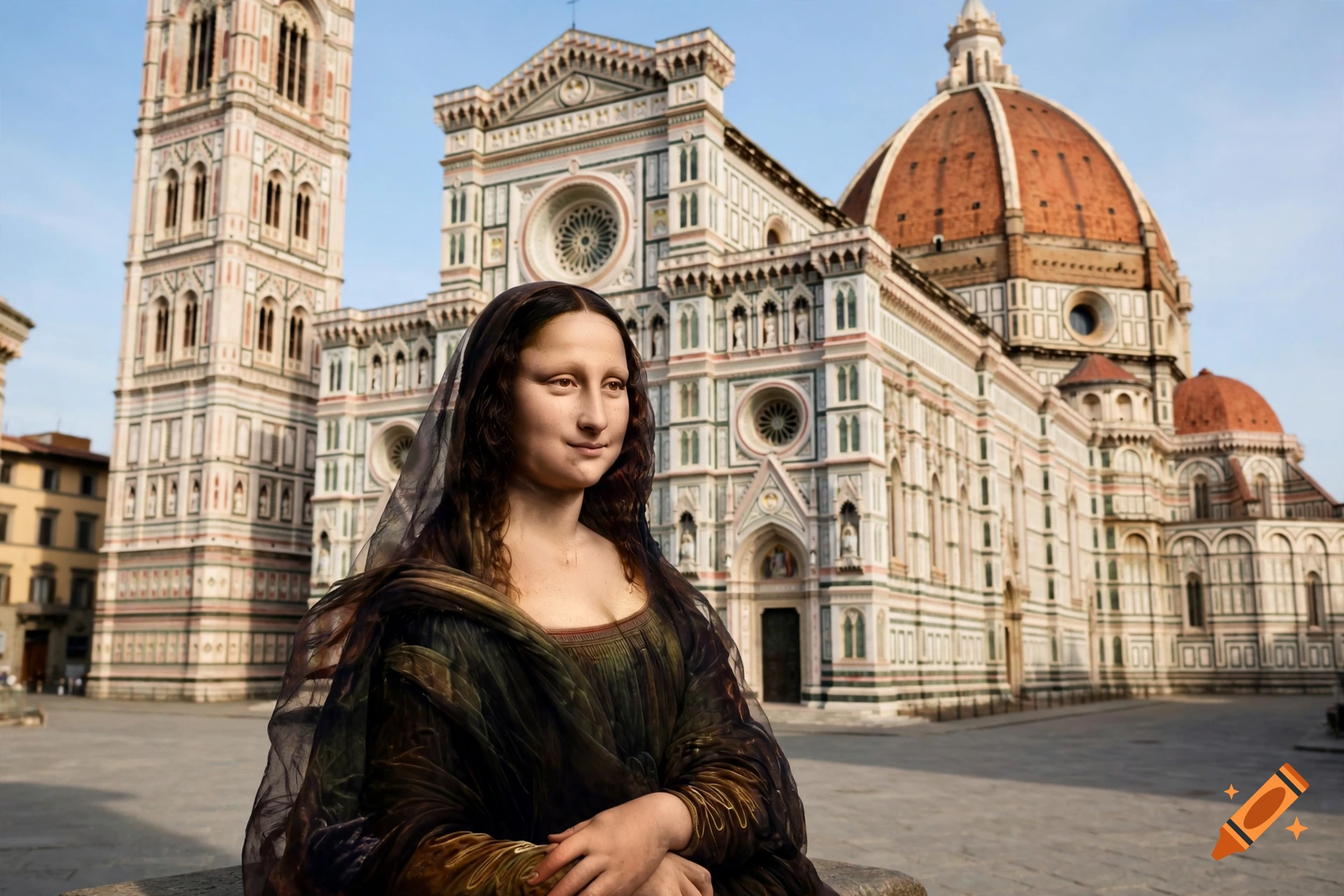 A depiction of the Mona Lisa standing in a cobblestone square in front of the Florence Cathedral.