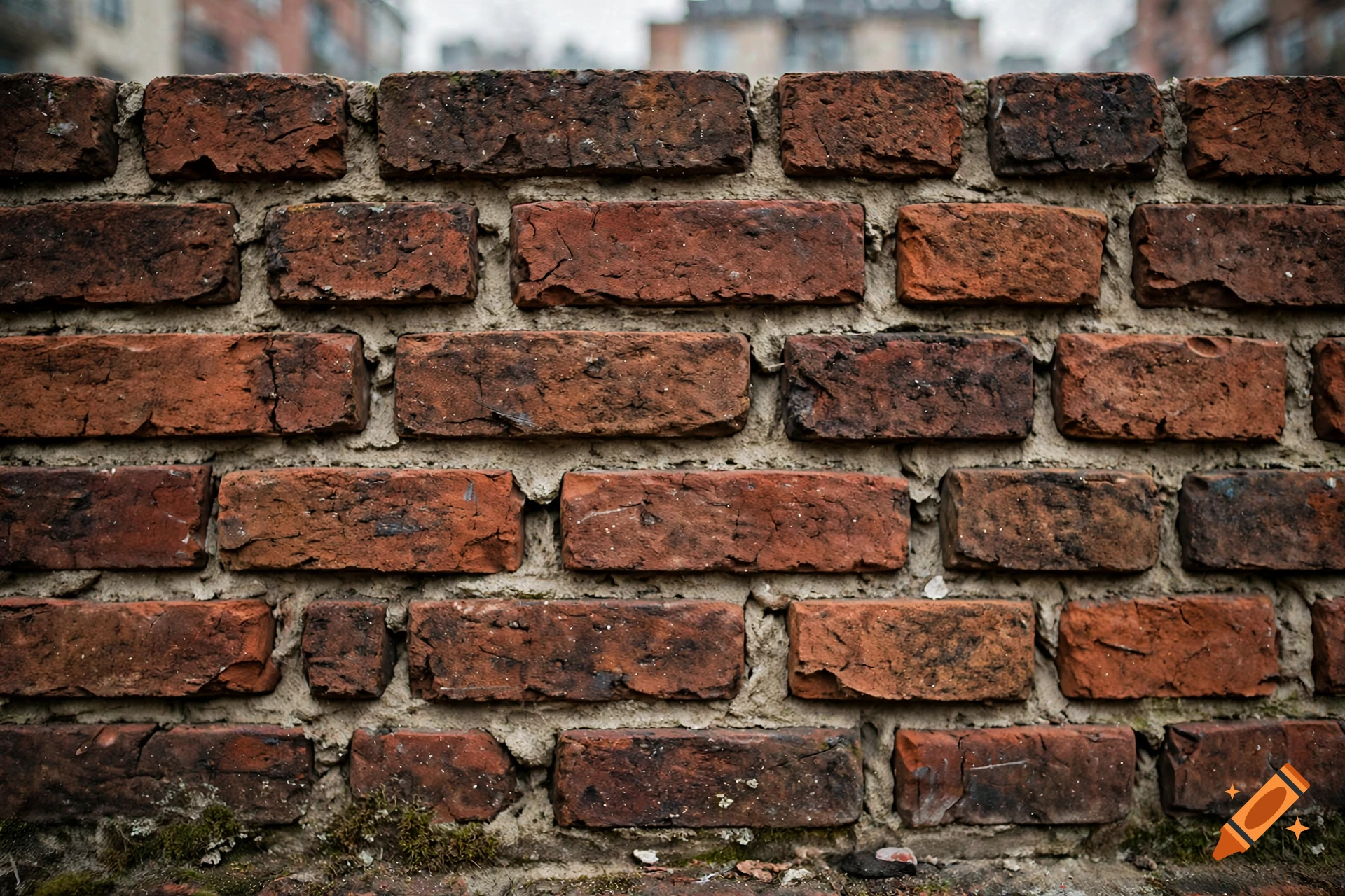 Close-up of a weathered, reddish-brown brick wall with rough mortar joints, viewed outdoors with a blurred cityscape background.