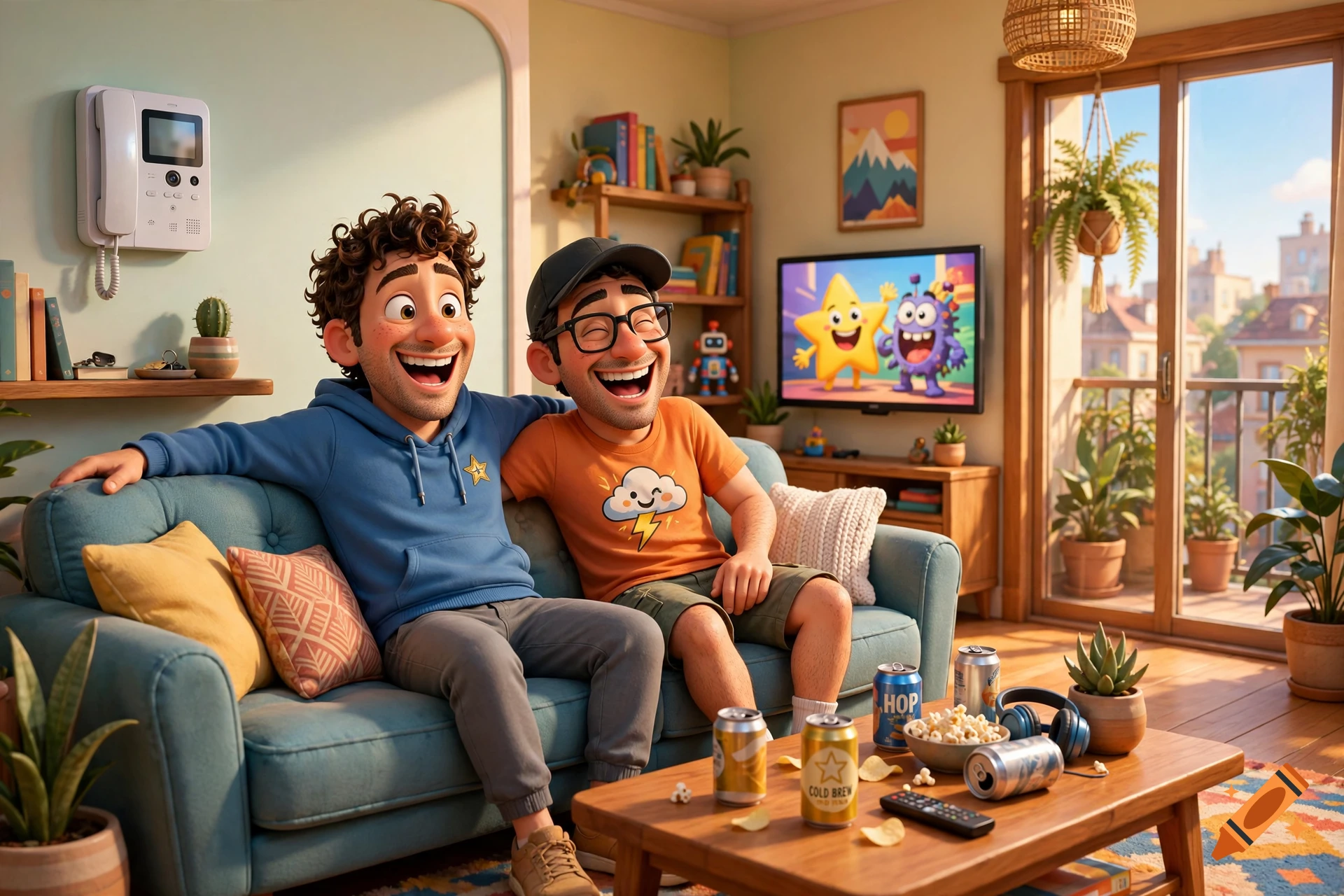 3D Pixar cartoon style image of two funny young men sitting on a blue sofa in a brightly lit living room, watching TV and laughing.