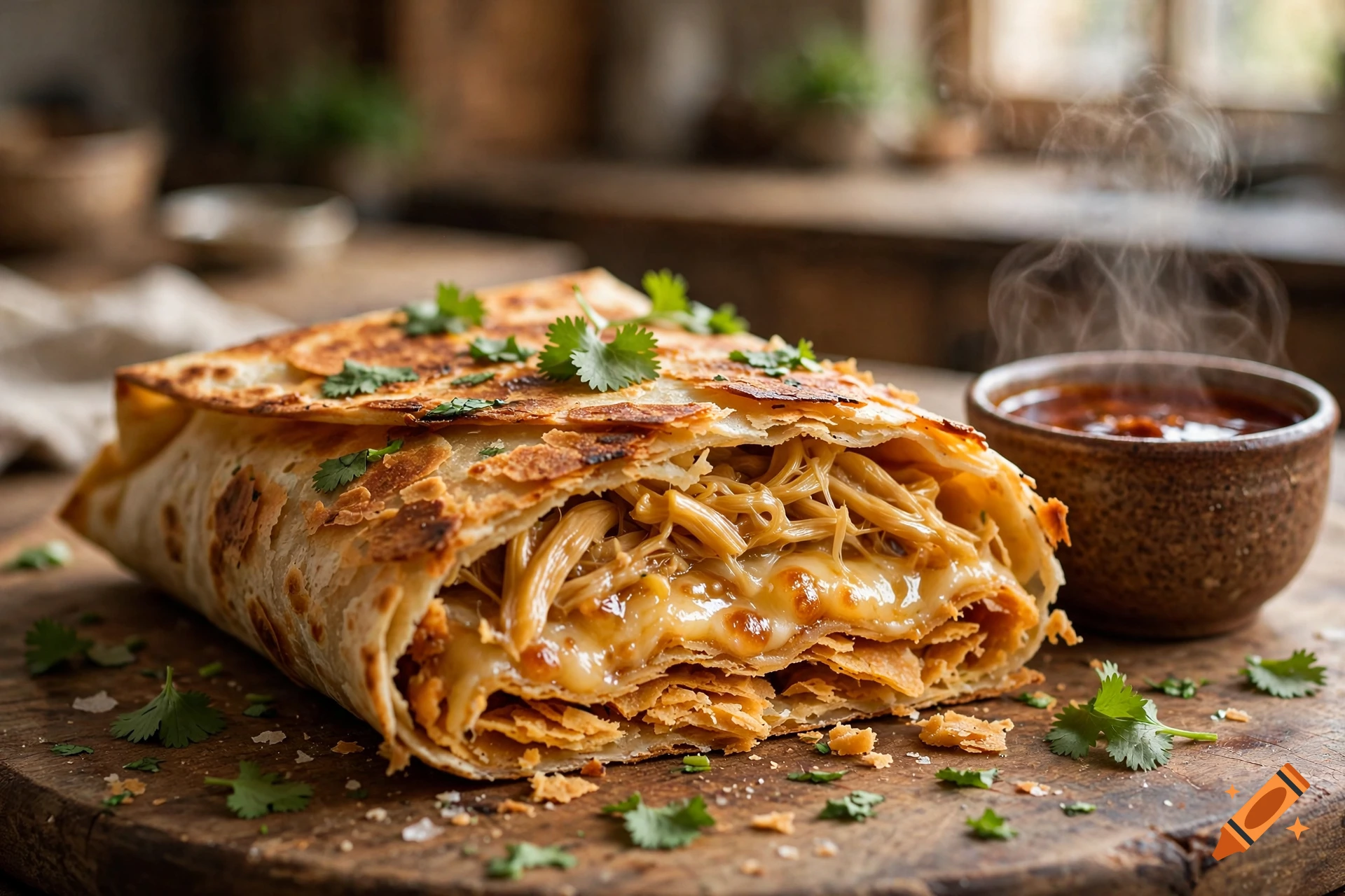 Photorealistic image of a toasted crunchwrap cut in half, garnished with cilantro, next to a steaming bowl of consommé on a wooden board.
