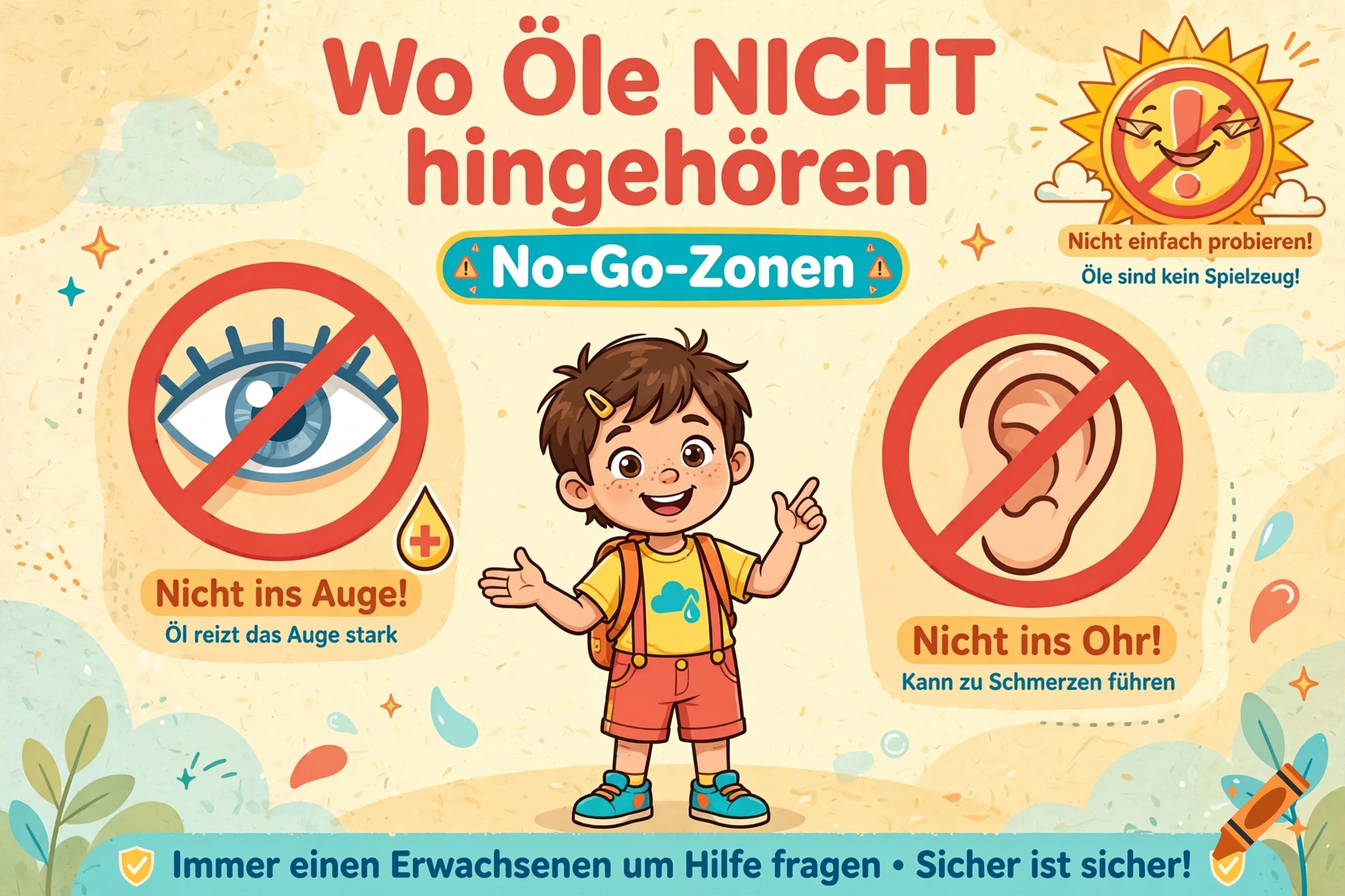 Educational cartoon infographic showing safety rules about oils with a smiling child and warning symbols.