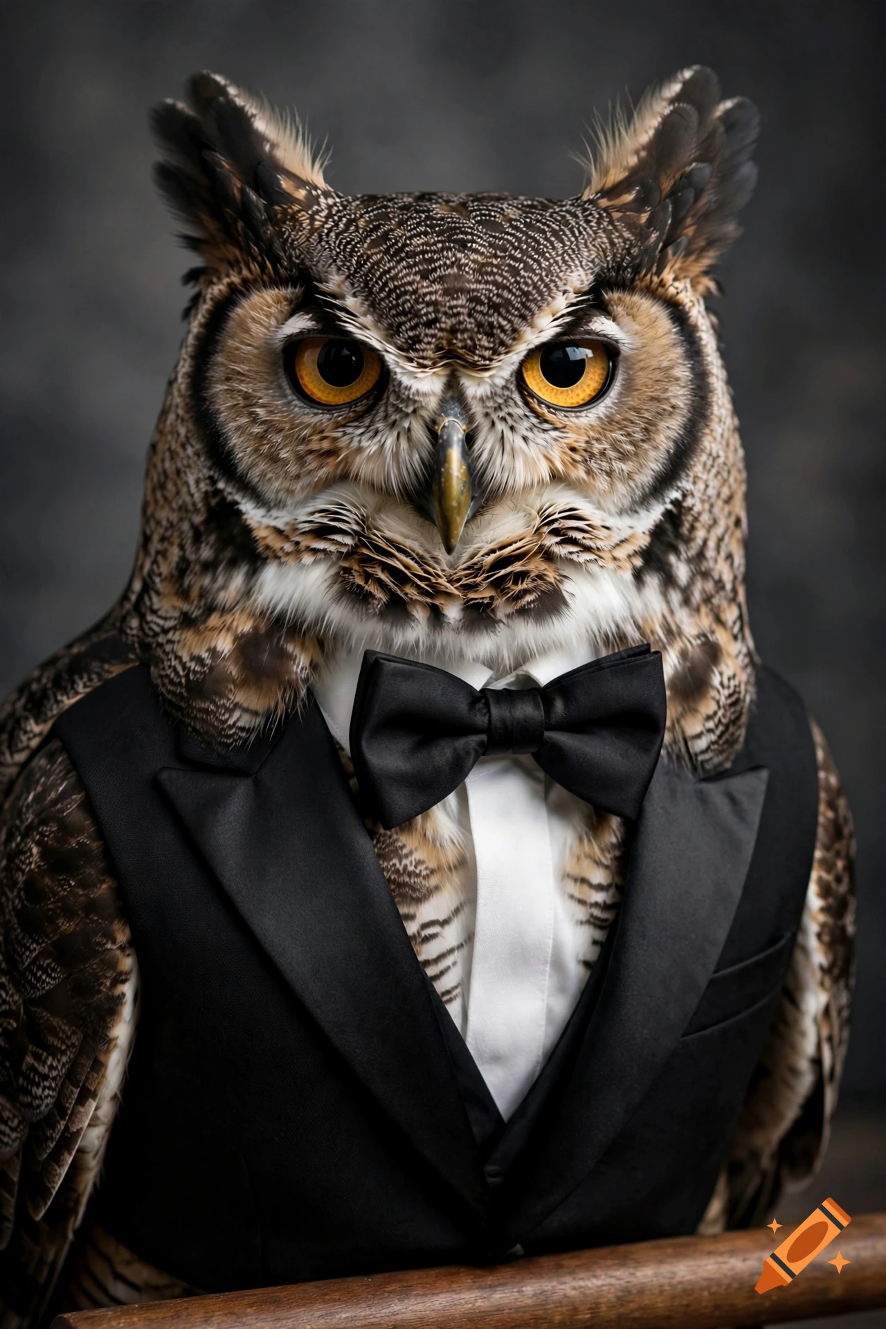 Photorealistic portrait of a great horned owl wearing a black tuxedo and bowtie.