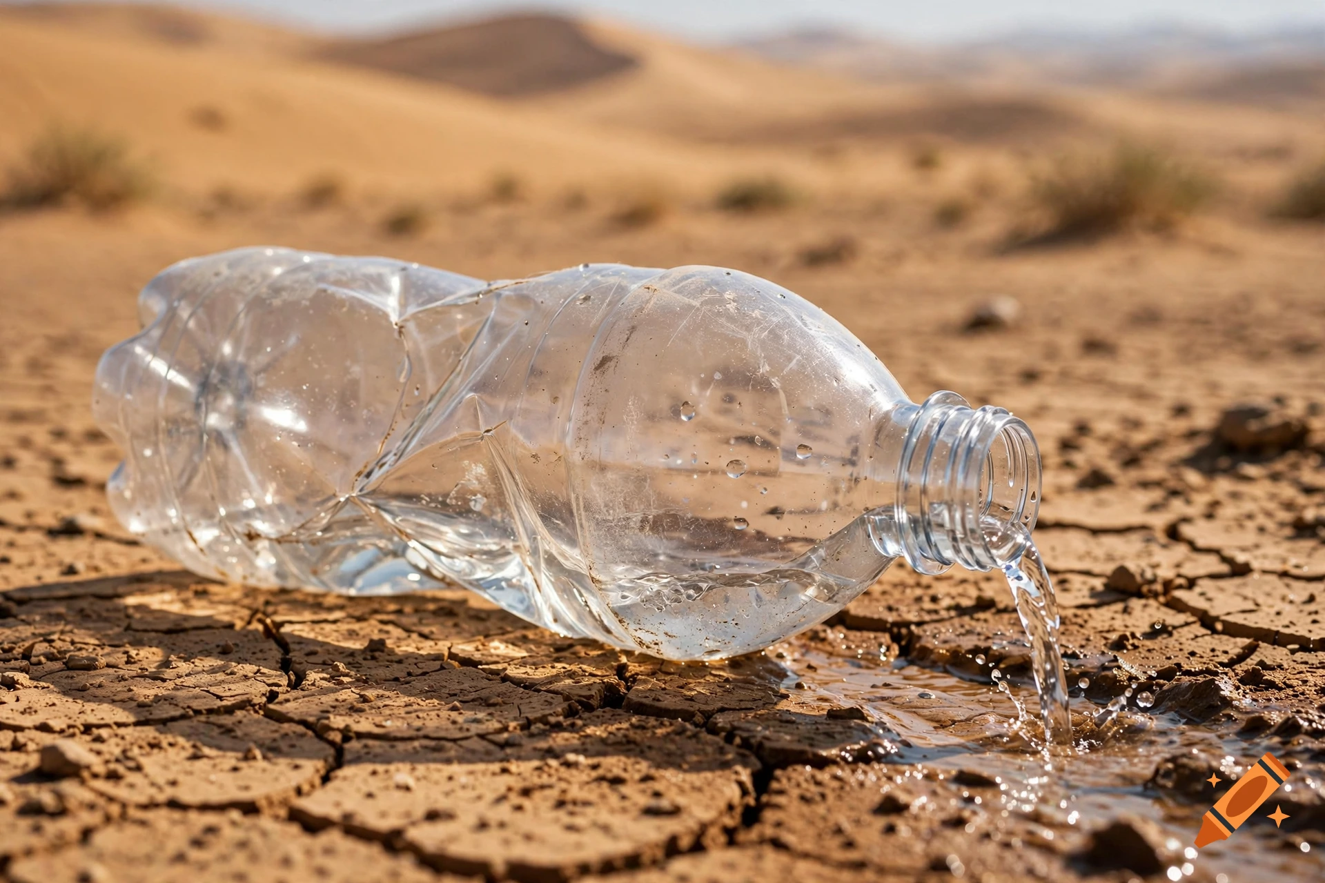A crushed plastic water bottle lying on cracked, dry desert earth, with water pouring out onto the ground.