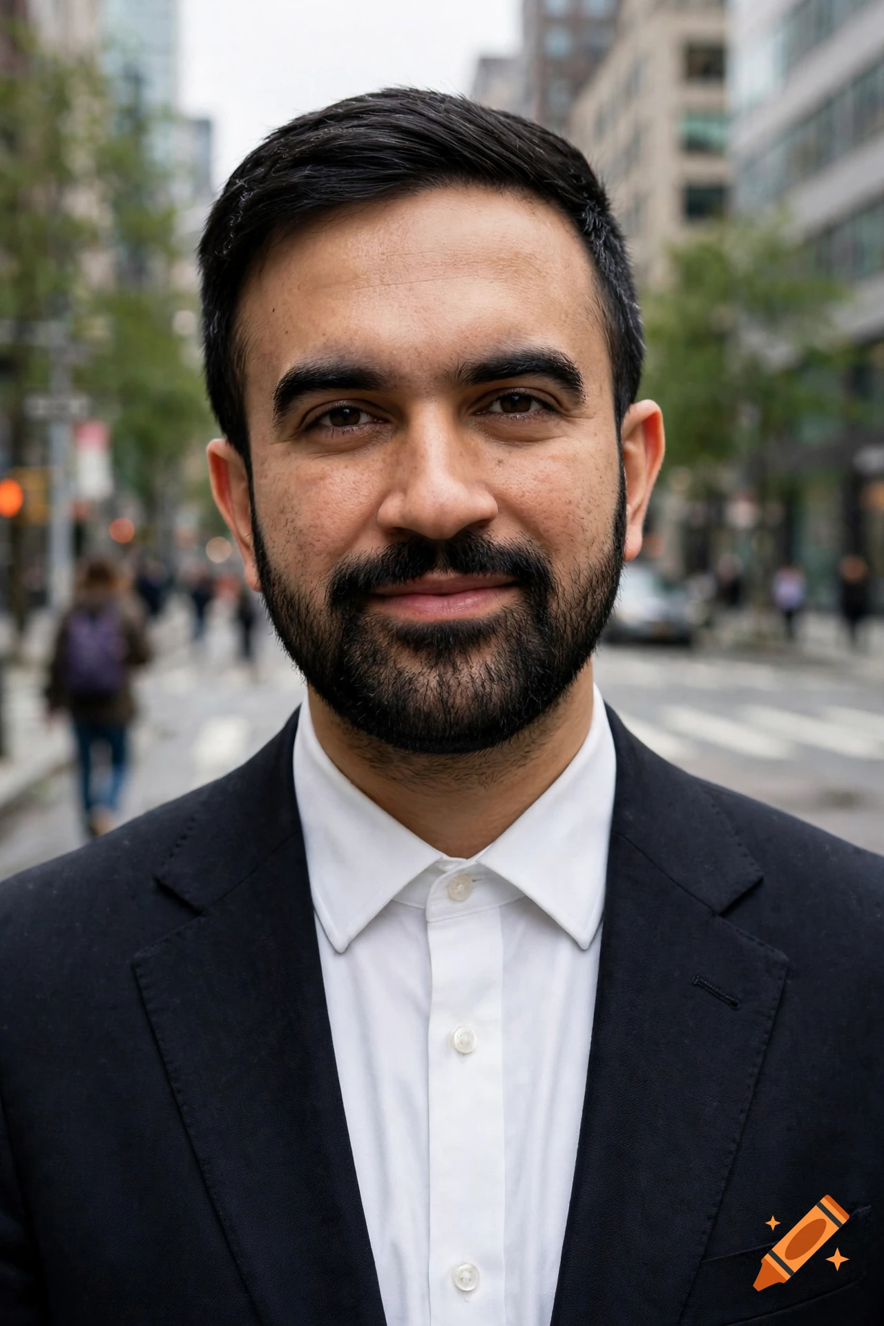 Photorealistic portrait of a man with a beard, wearing a black suit and white collared shirt, standing on a city street.