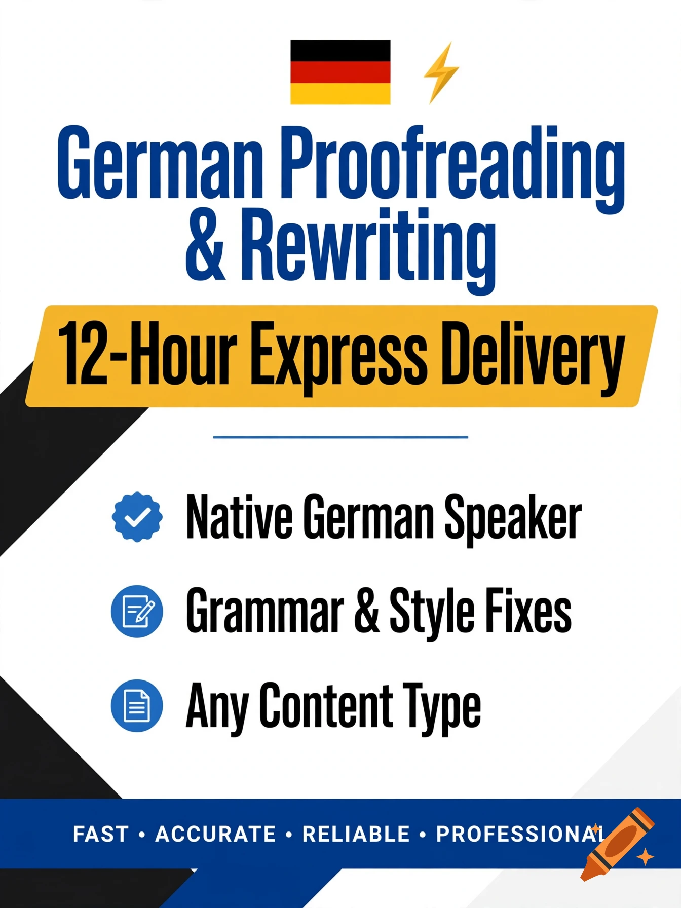 An advertisement for German proofreading and rewriting services with a German flag and lightning bolt icon.