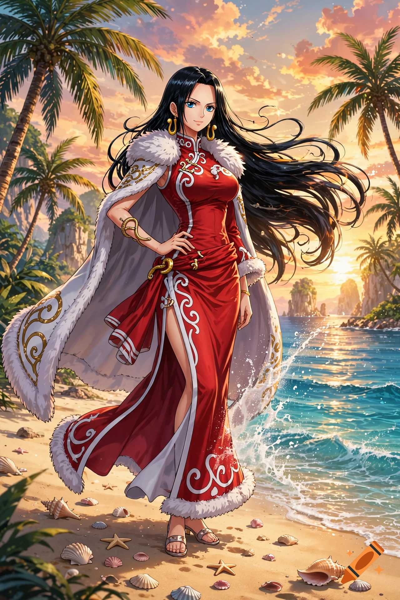 Anime style illustration of Boa Hancock on a tropical beach at sunset, wearing a red cheongsam and a white fur-trimmed coat.