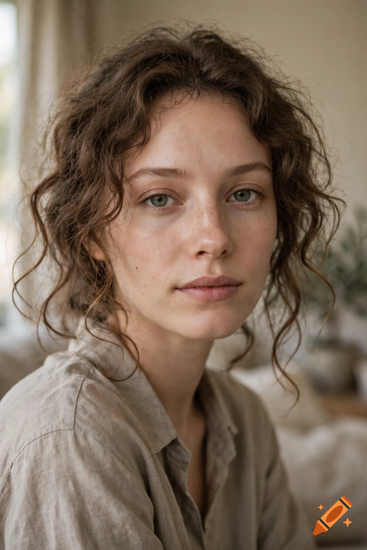 Close-up photorealistic portrait of a young woman with curly brown hair, freckles, and greenish eyes.