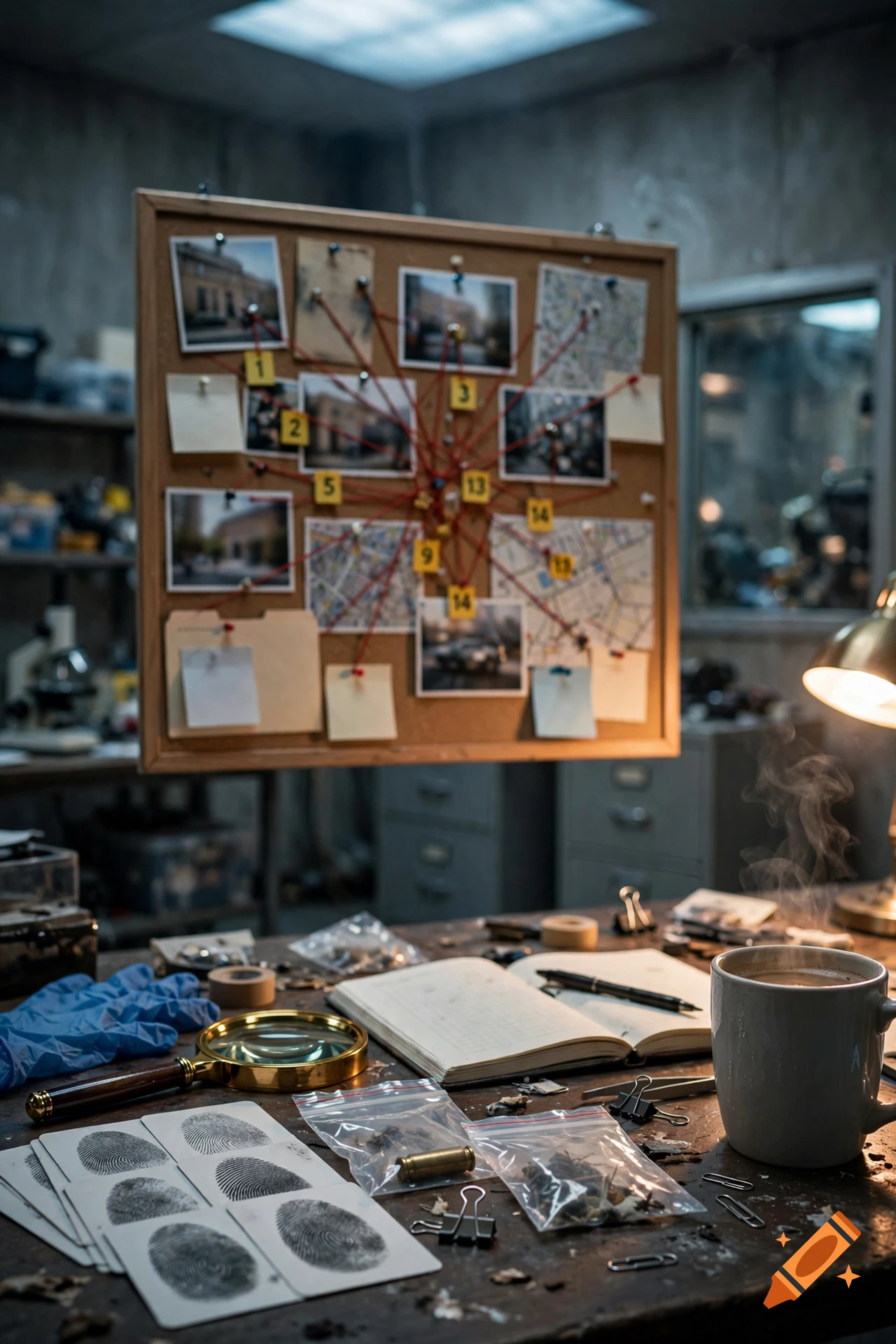 Photorealistic detective desk with a cork board covered in suspect photos and red string, magnifying glass, and fingerprint cards.