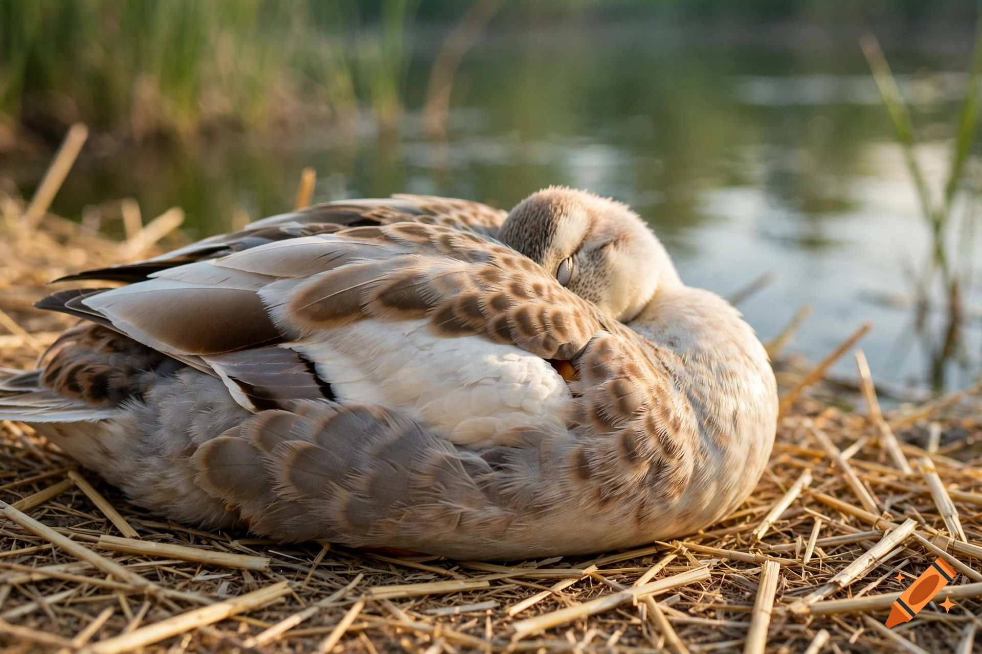 Photorealistic close-up of a sleeping duck resting on straw by a lake.