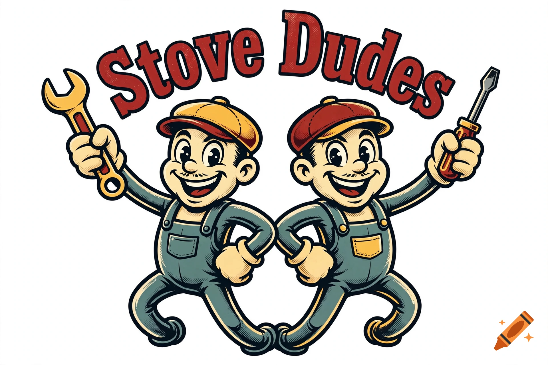 Vintage 1930s rubber hose cartoon mascot logo of two mechanic characters holding tools, with the text Stove Dudes.