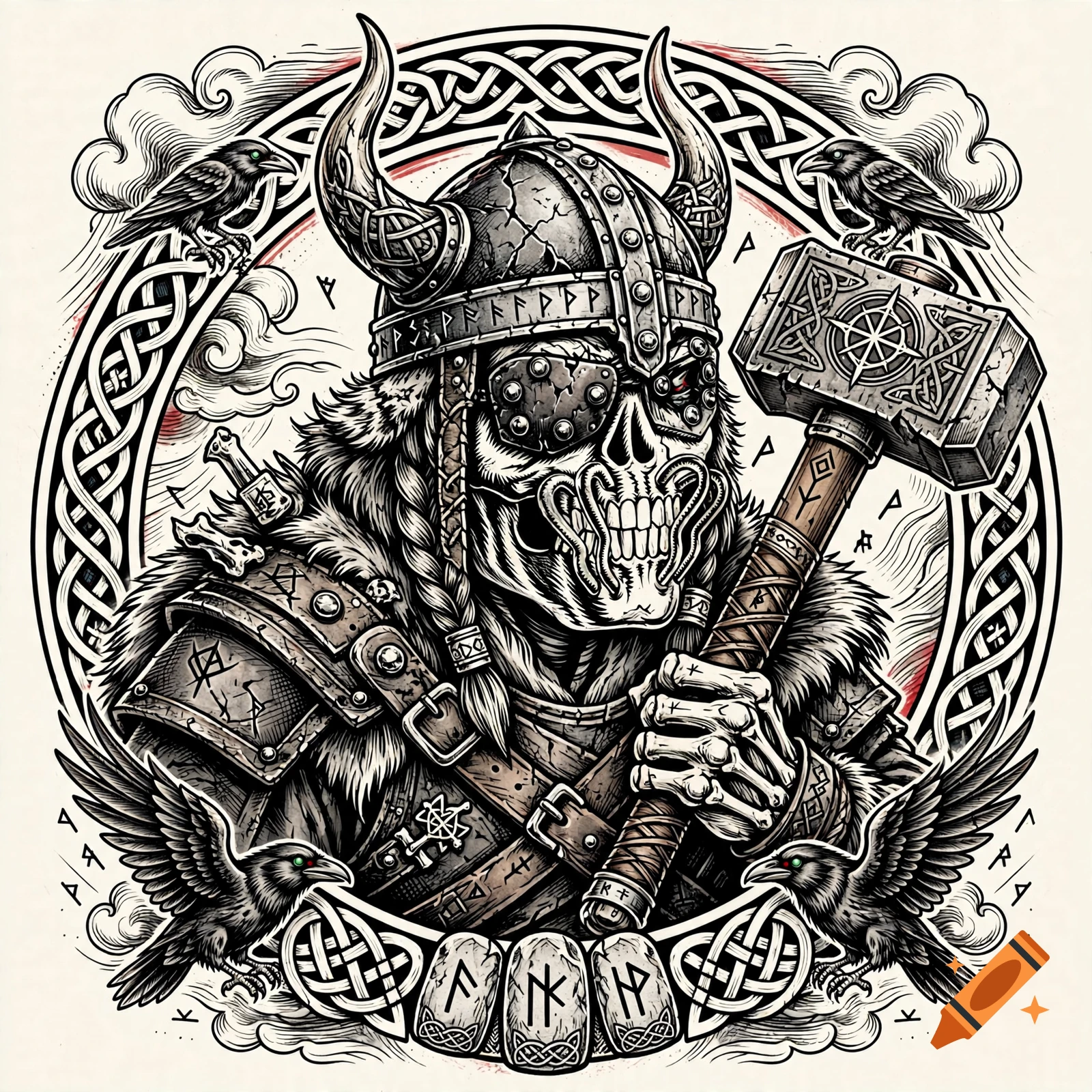 An intricate illustration of a horned Viking skeleton warrior holding a large hammer, surrounded by ravens, runes, and Celtic knotwork designs.