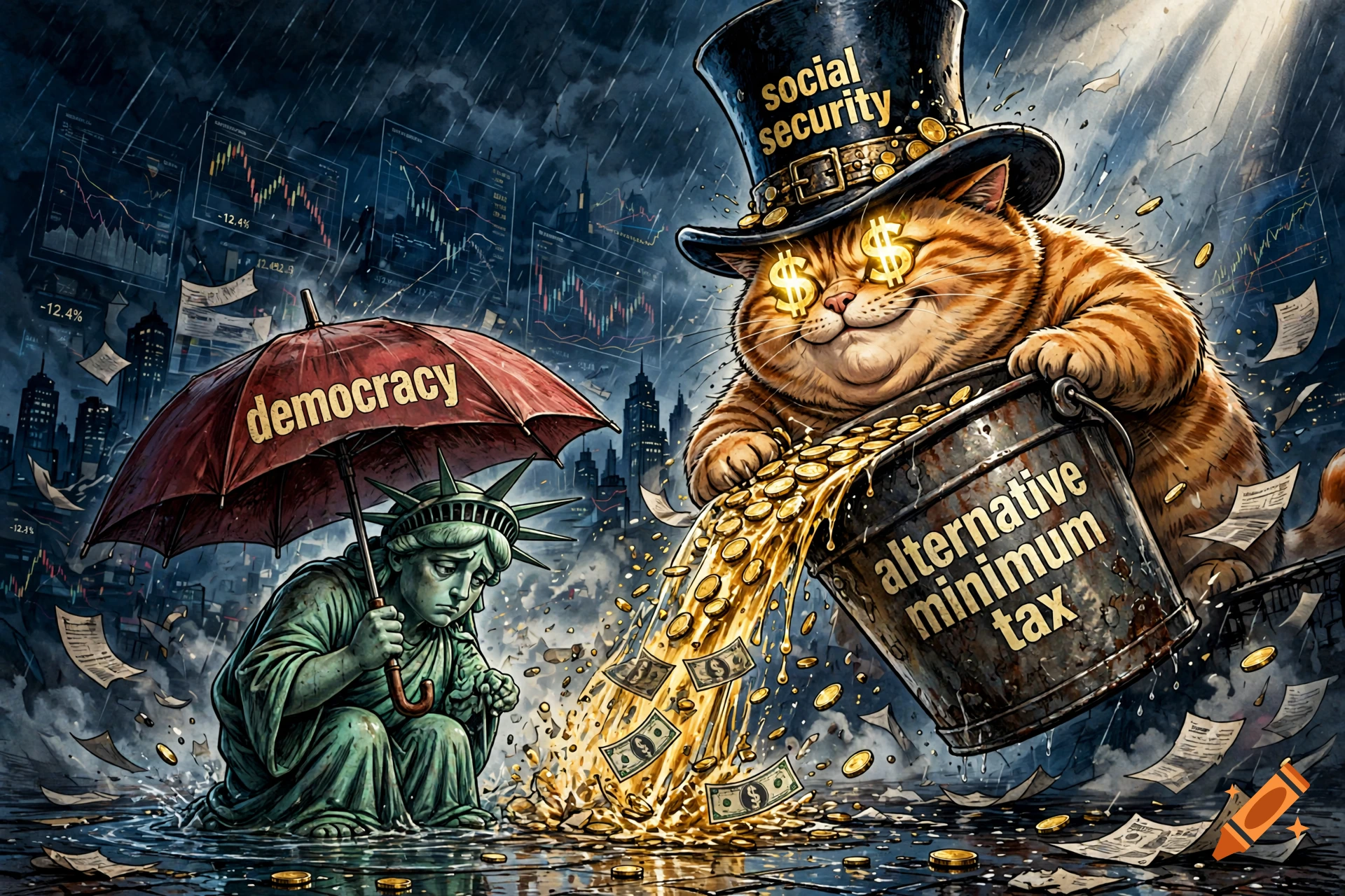 An overweight orange cat with dollar-sign eyes wearing a top hat pours a bucket labeled alternative minimum tax over a sad Statue of Liberty.