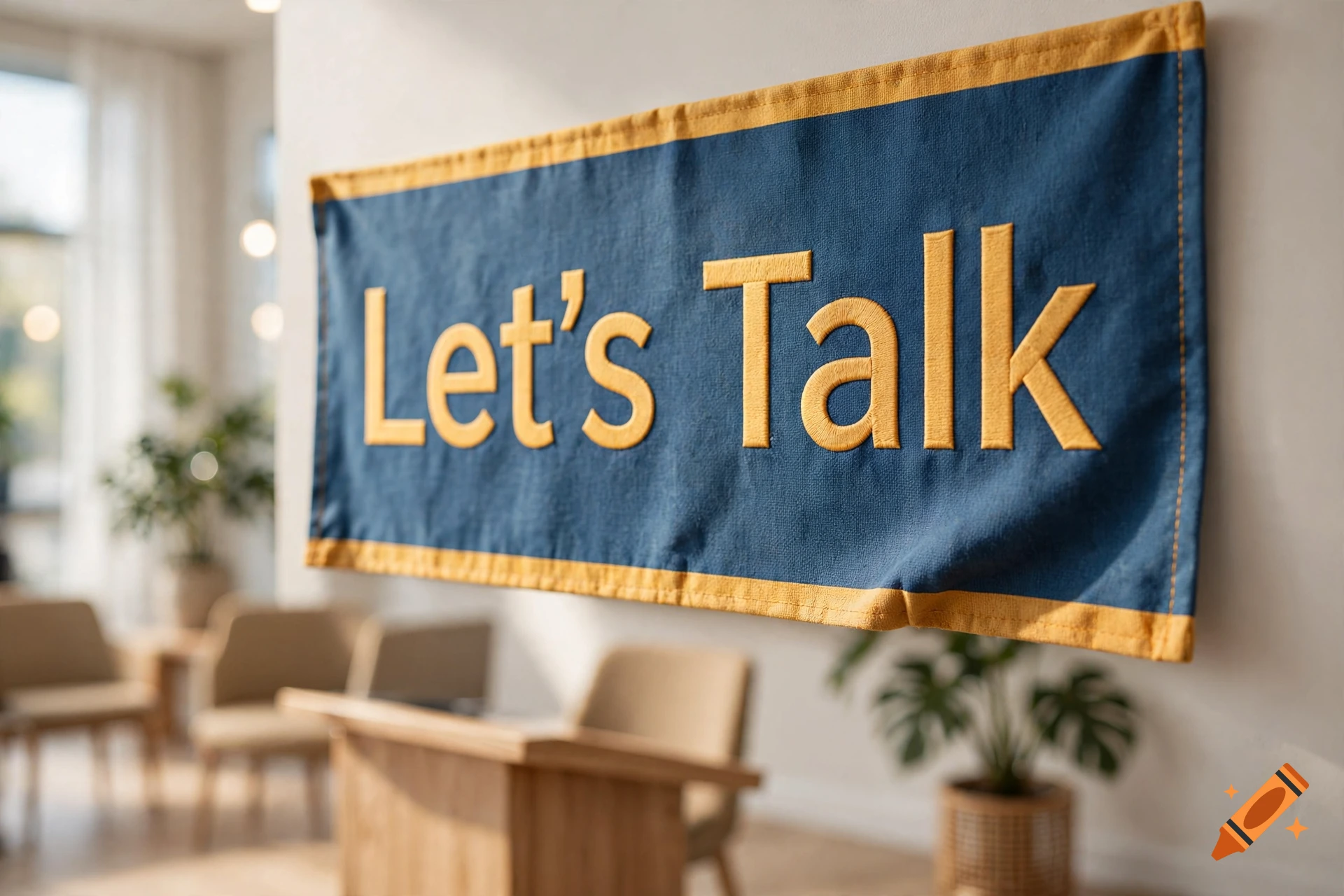 A blue and yellow fabric banner with the words 'Let's Talk' hanging in a modern, blurred office interior.
