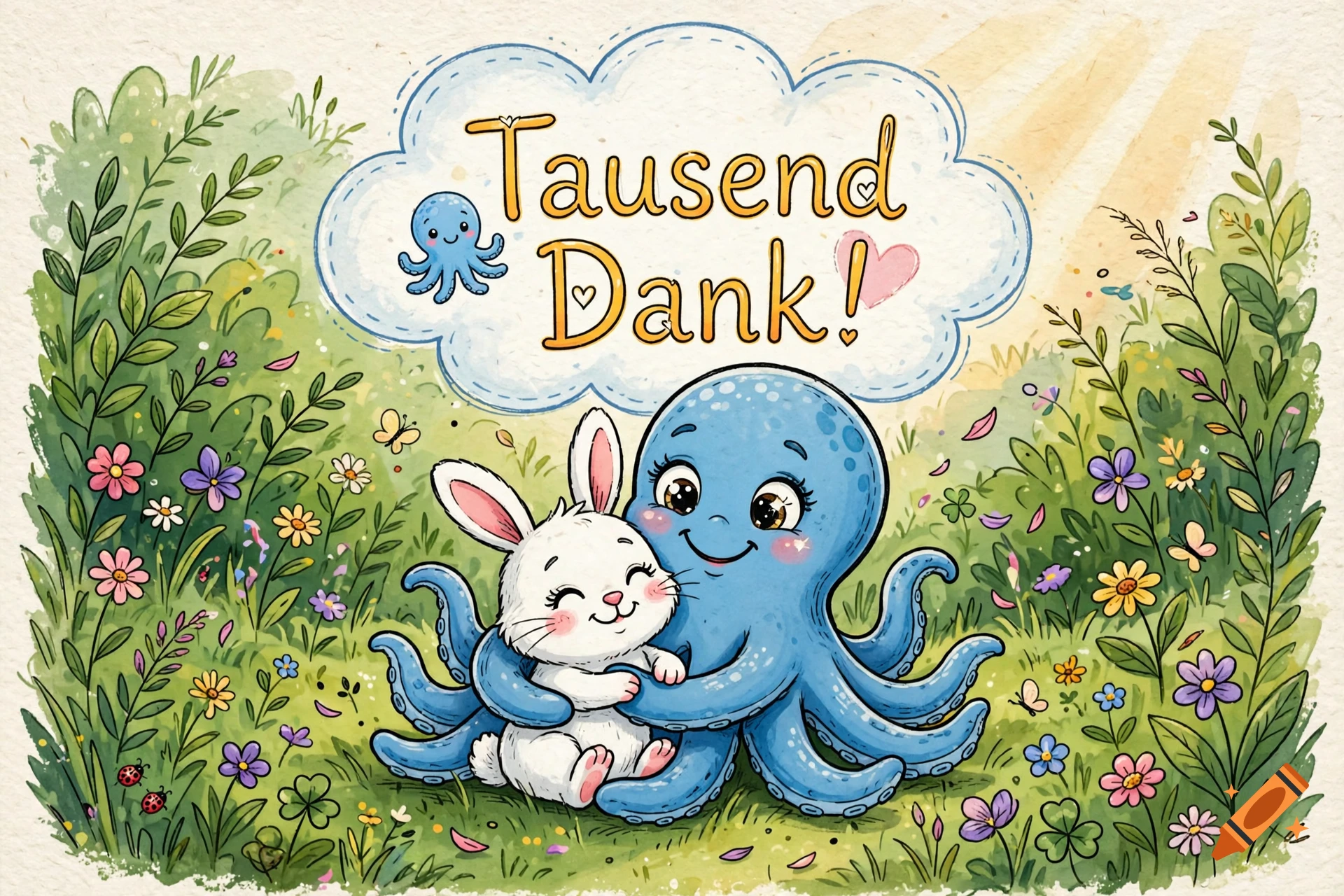 Watercolor illustration of a friendly blue octopus hugging a white bunny in a green meadow with flowers and a thought bubble saying Tausend Dank!