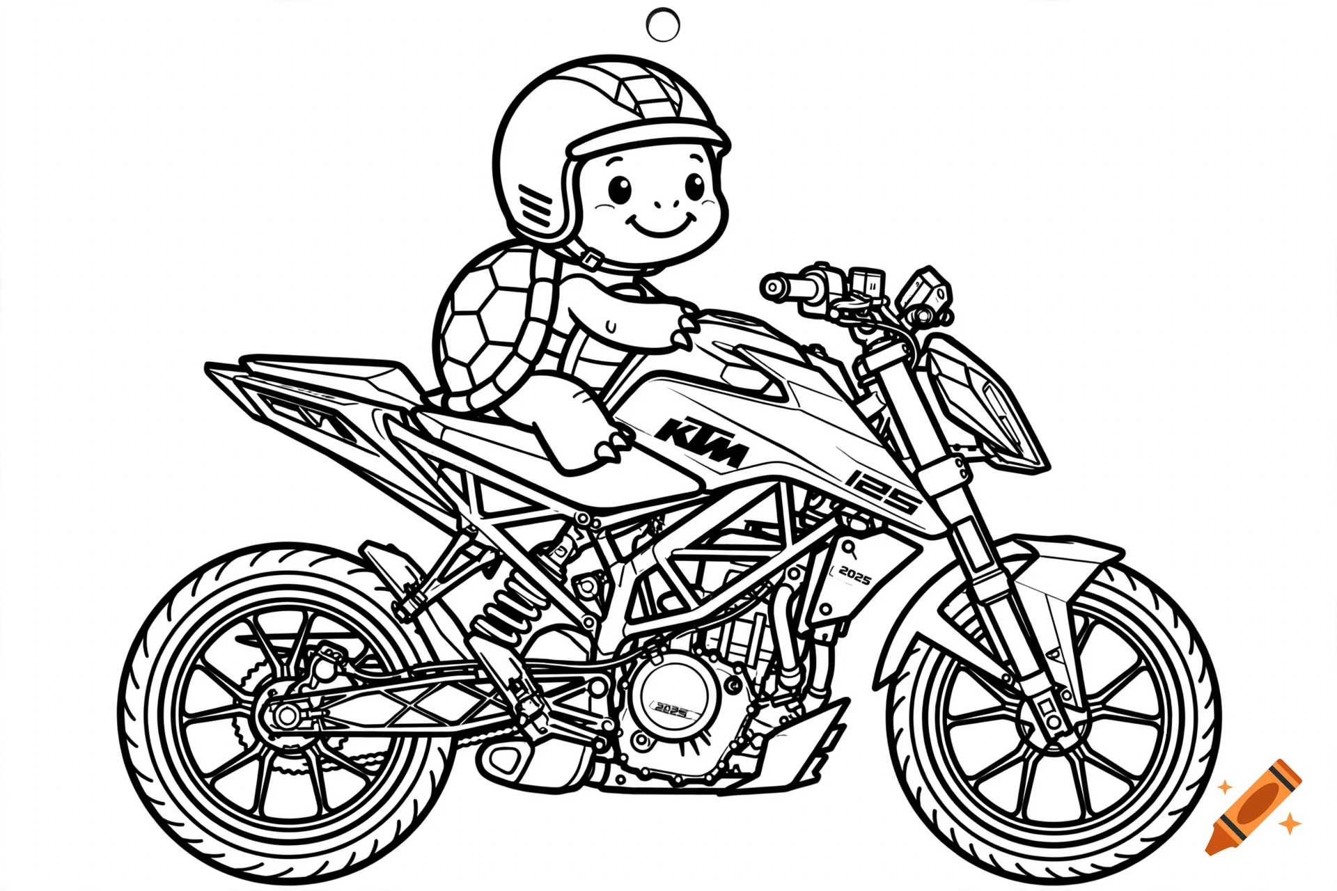 Black and white coloring page of a smiling turtle wearing a helmet riding a KTM motorcycle.