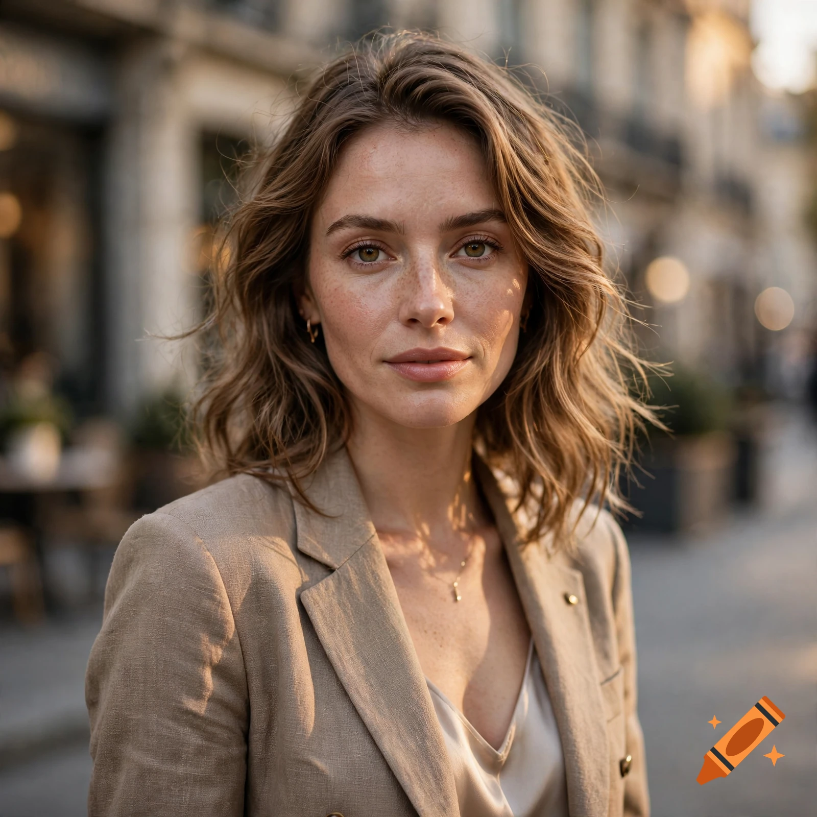 Photorealistic portrait of a woman with freckles and wavy brown hair wearing a beige blazer outdoors in a city street.