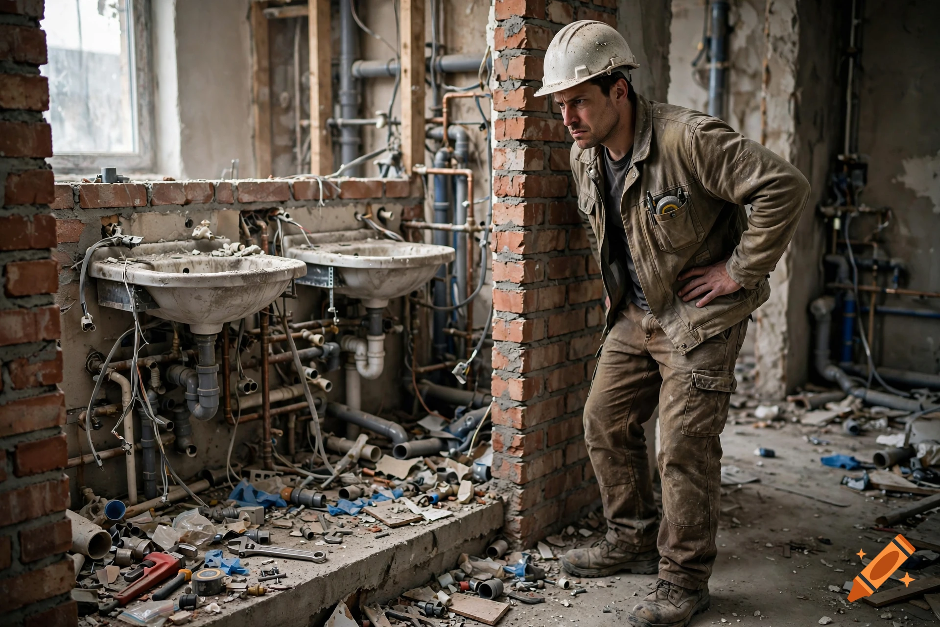Photorealistic image of a frustrated construction worker in a dusty room during bathroom renovation.