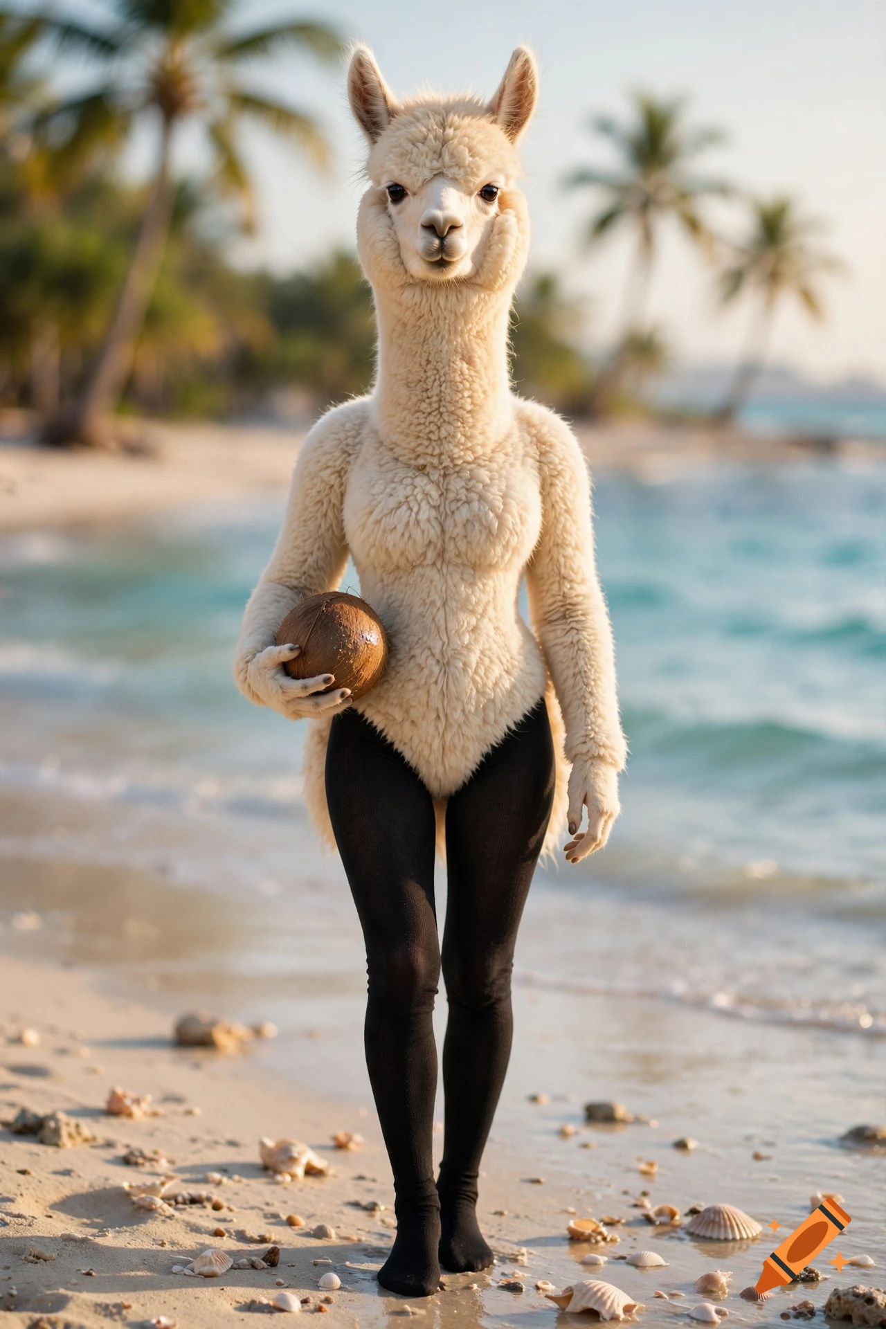 Photorealistic image of an alpaca with human-like body in black leggings holding a coconut on a tropical beach.
