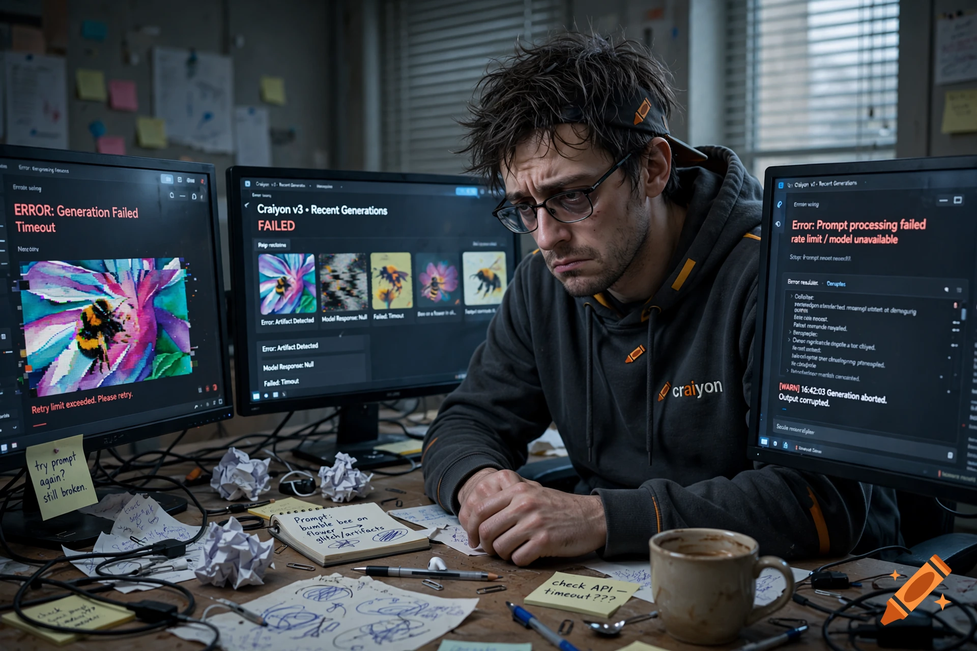 Photorealistic image of a stressed-out man in a hoodie sitting at a desk with multiple monitors showing error messages.