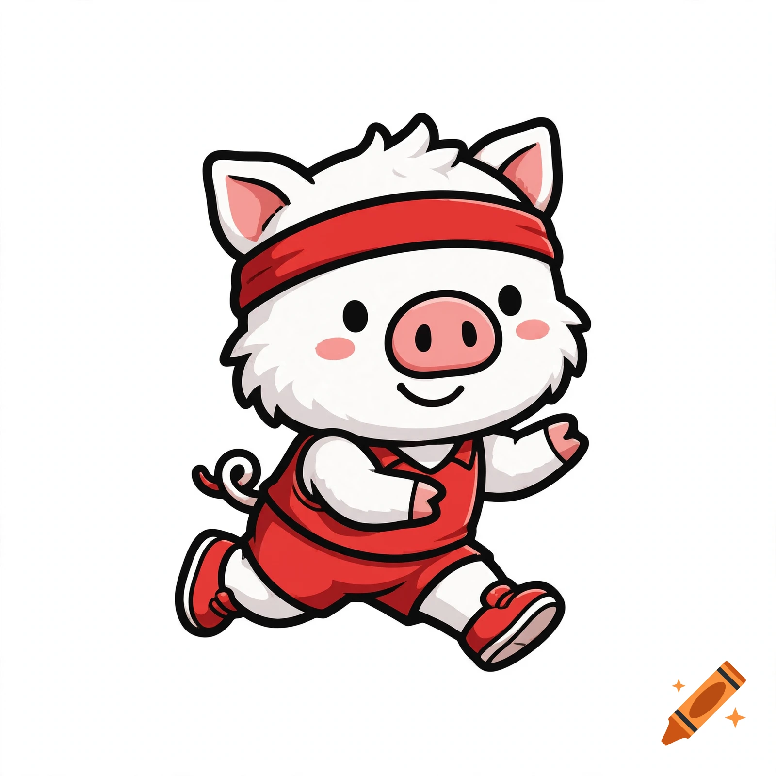 Vector sticker illustration of a cute chibi pig running in red athletic wear and a headband.