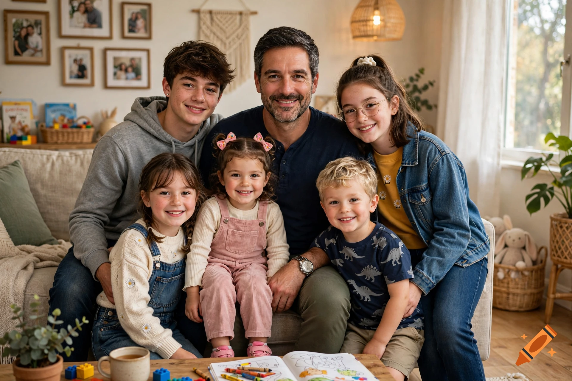 Photorealistic portrait of a smiling father surrounded by his five children in a cozy living room.