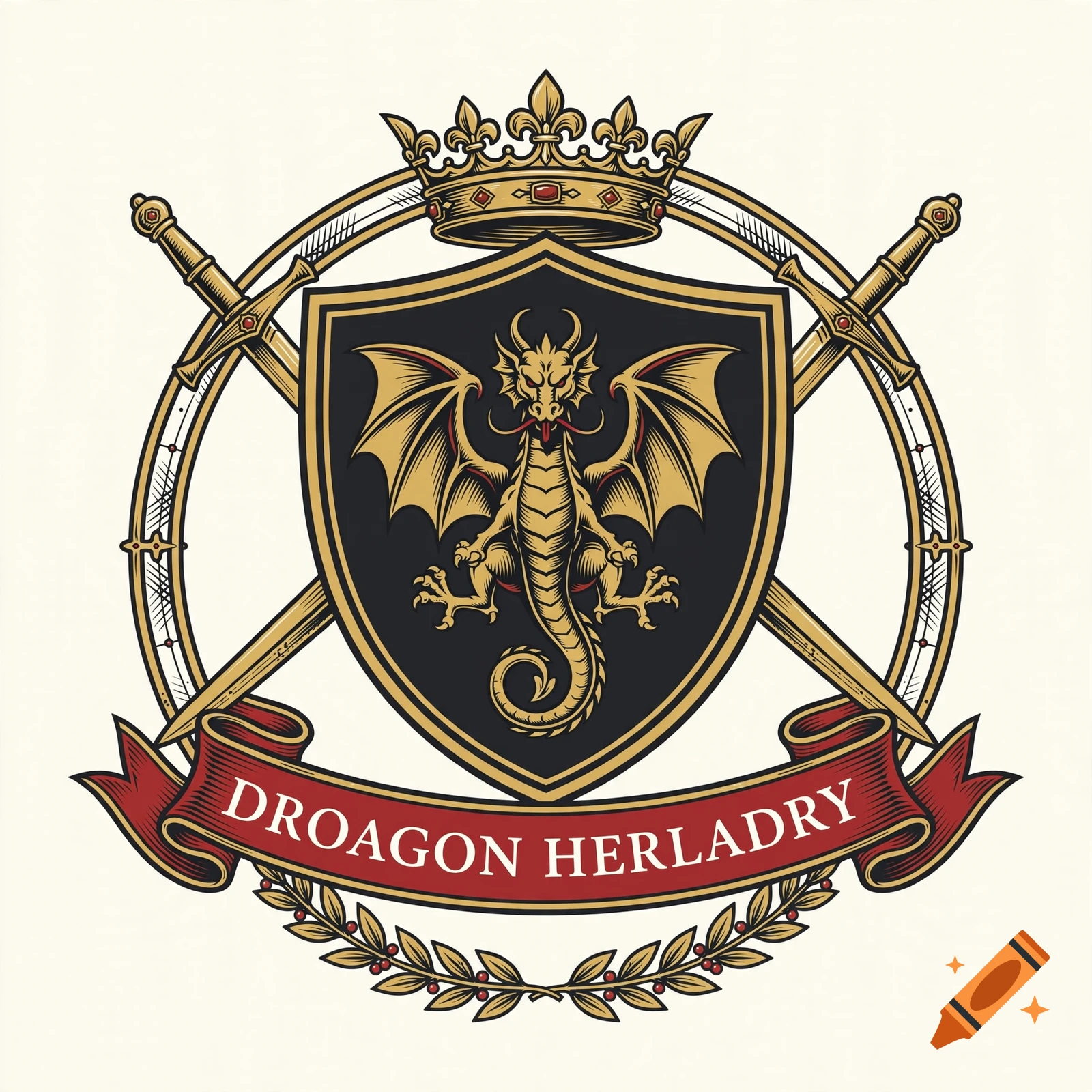 Digital heraldic crest with a golden dragon, crown, and crossed swords on a shield, featuring a red ribbon with misspelled text.