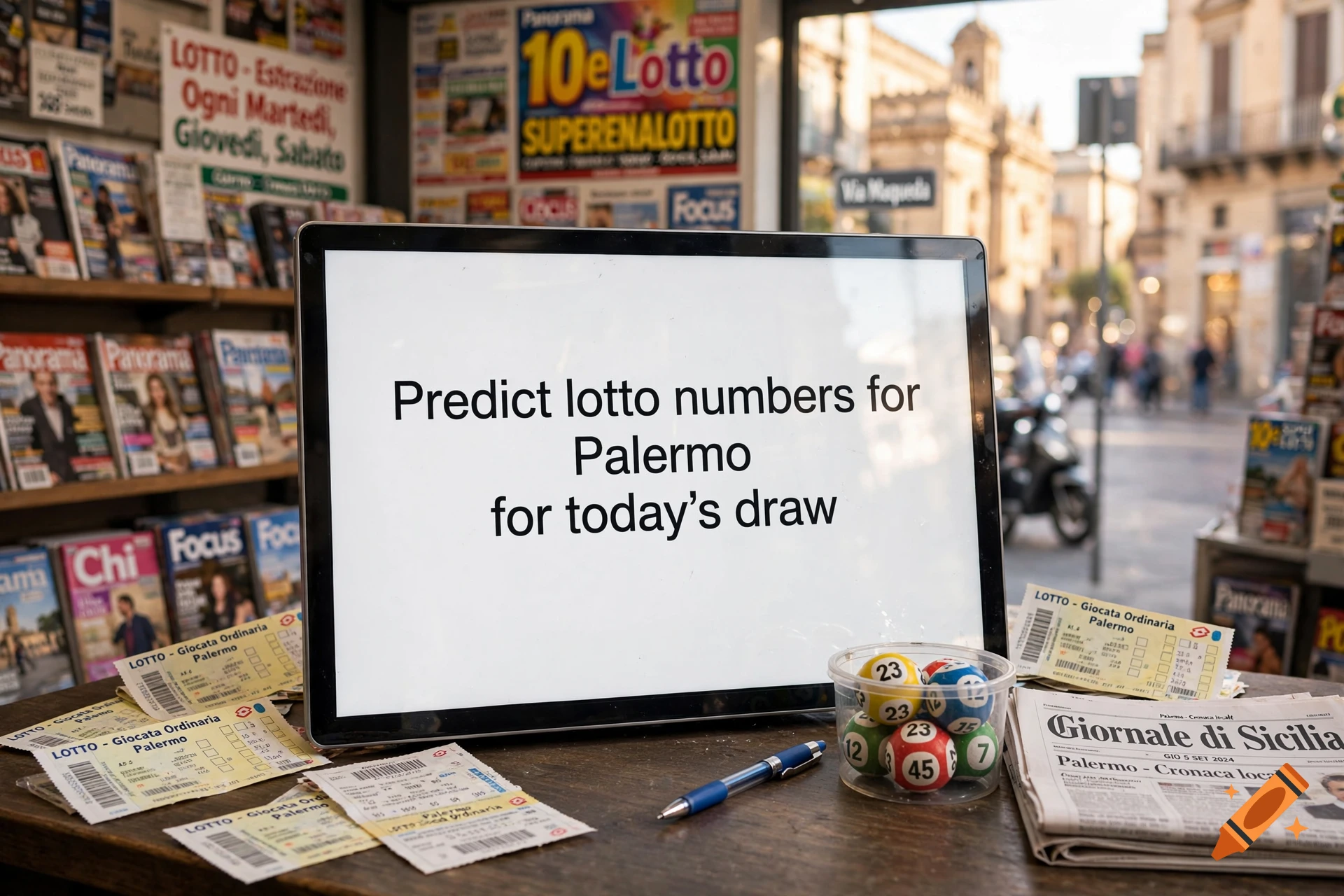A digital screen displaying 'Predict lotto numbers for Palermo for today's draw' surrounded by lottery tickets, numbered balls, and a newspaper.