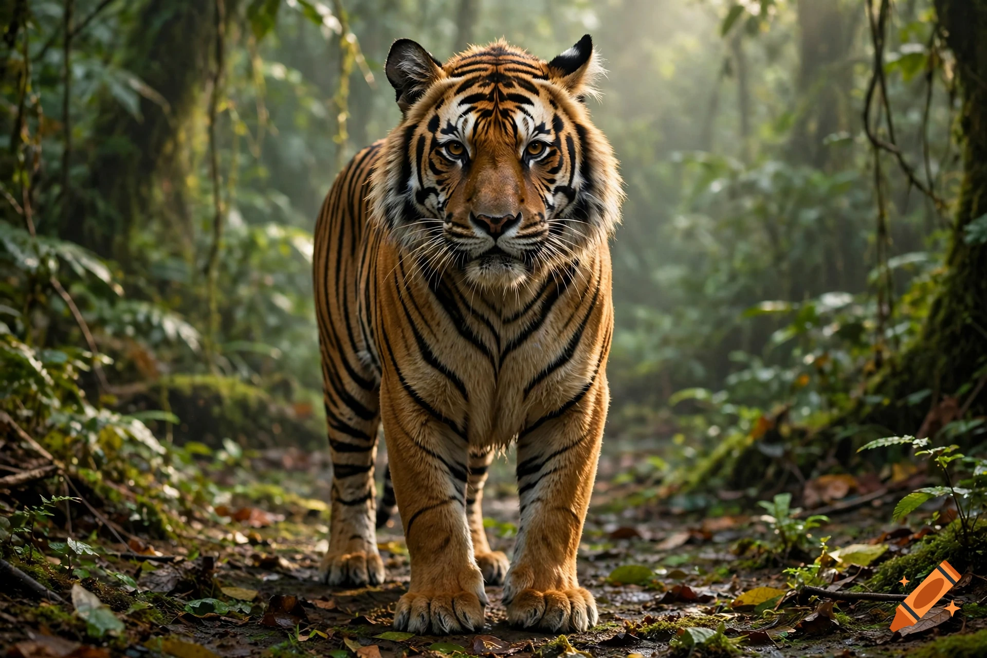 Photorealistic image of a majestic tiger standing on a forest path surrounded by lush greenery and dappled sunlight.