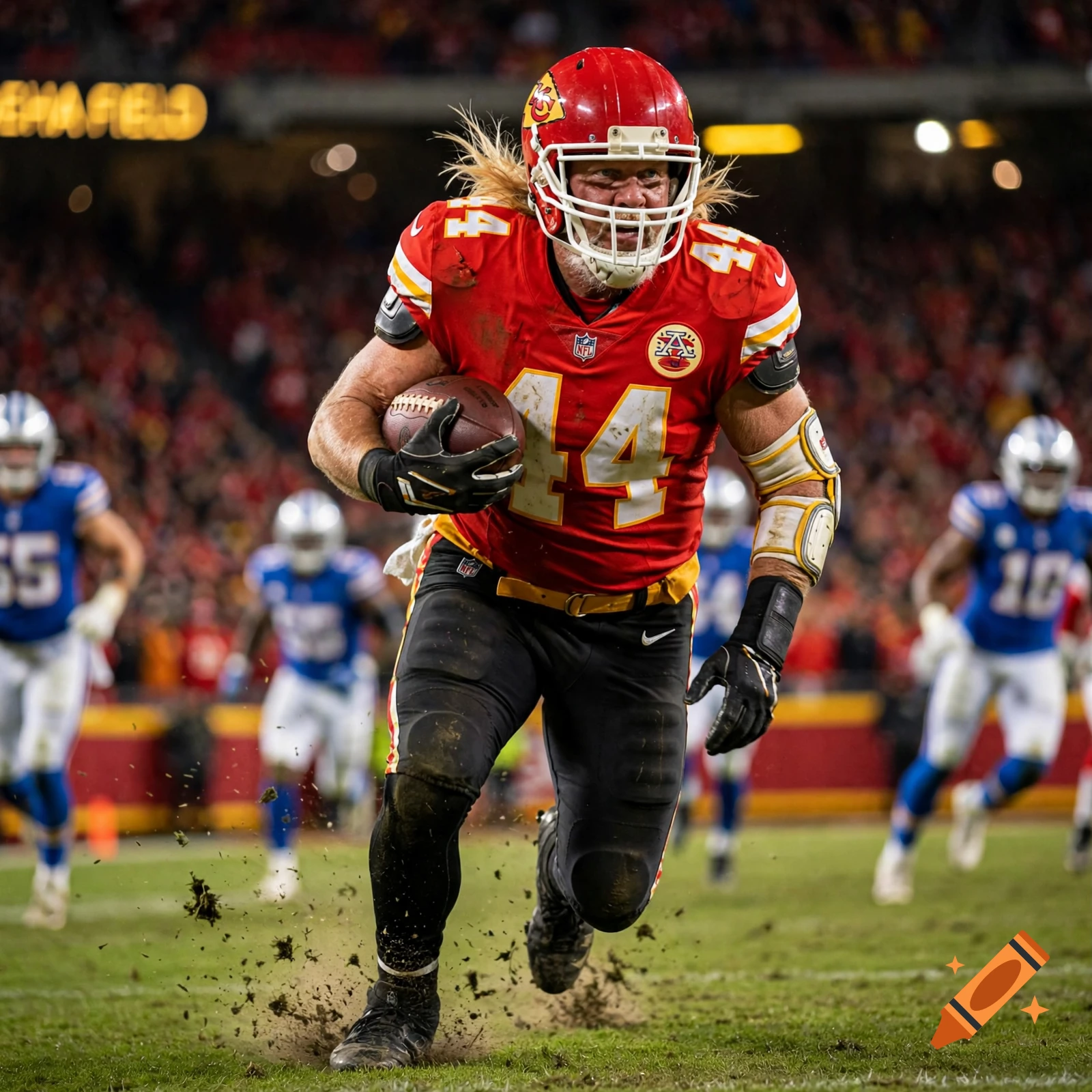 Photorealistic action shot of a long-haired male golfer wearing a Kansas City Chiefs uniform running with a football on a field.