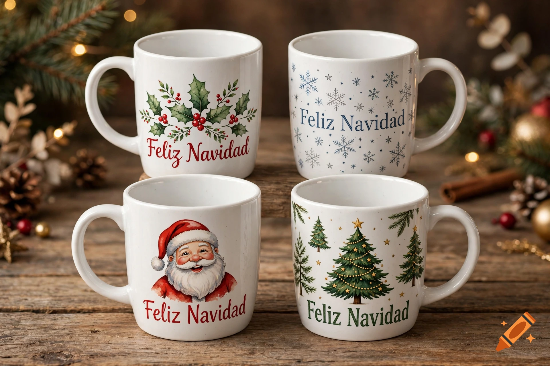 Four white ceramic mugs with holiday designs and the text 'Feliz Navidad' arranged on a wooden surface.