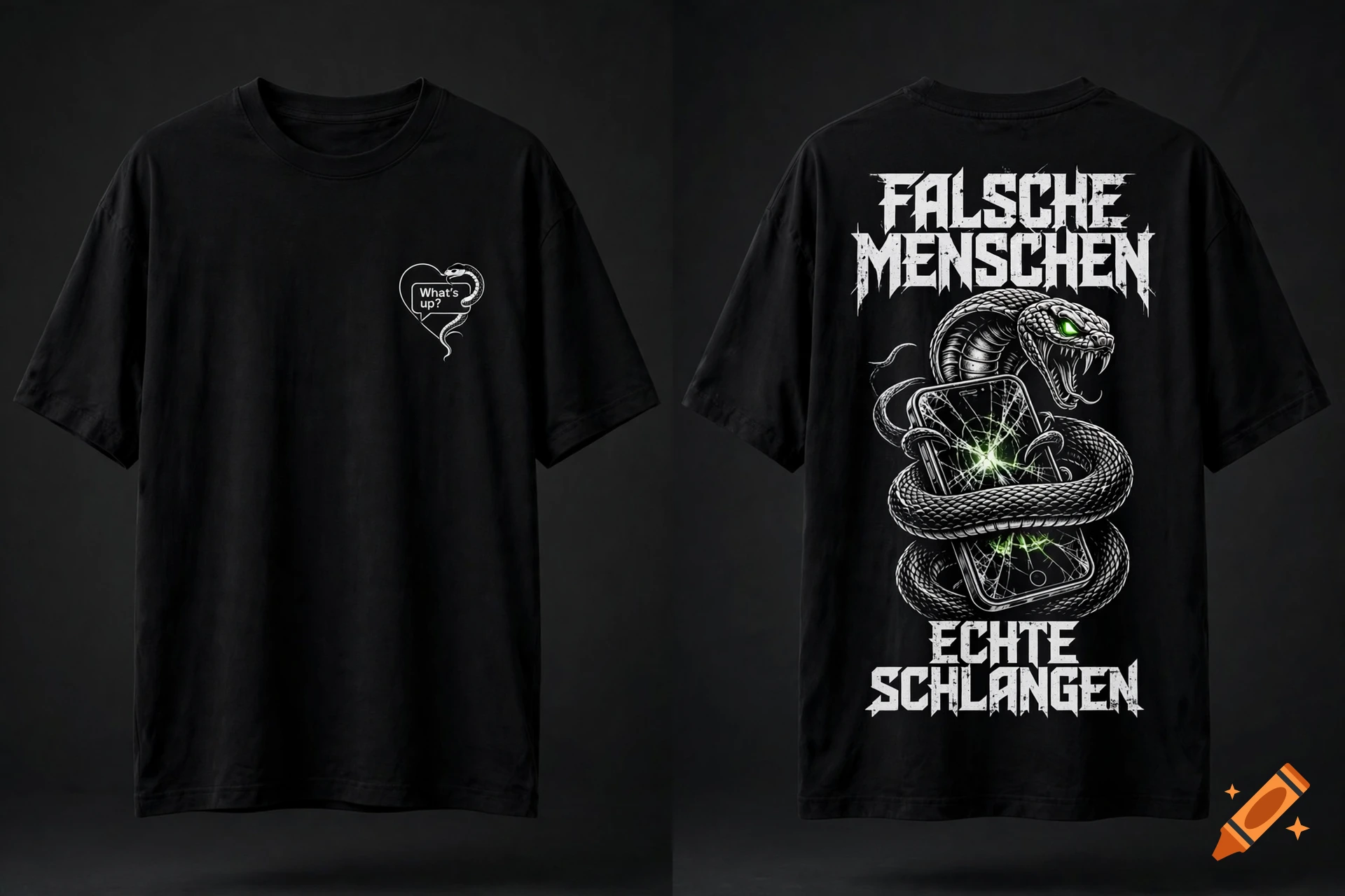 A black t-shirt mockup showing a small snake and 'What's up?' text on the front left chest, and a large cobra wrapping around a cracked smartphone with 'FALSCHE MENSCHEN ECHTE SCHLANGEN' text on the back.