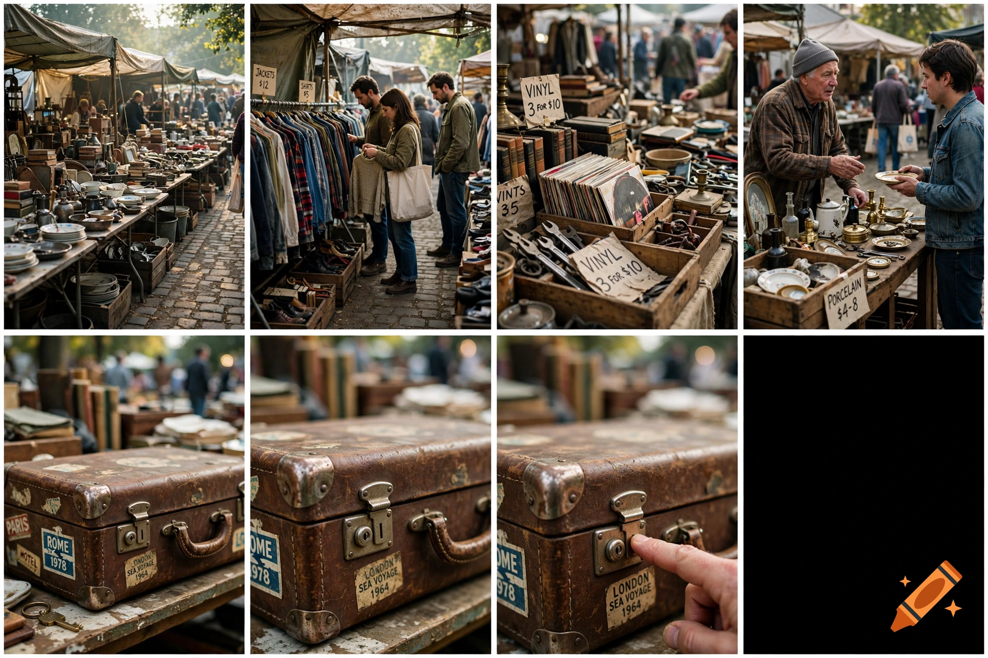 Photorealistic multi-panel collage of a bustling flea market with vintage items, clothing, and an old suitcase.