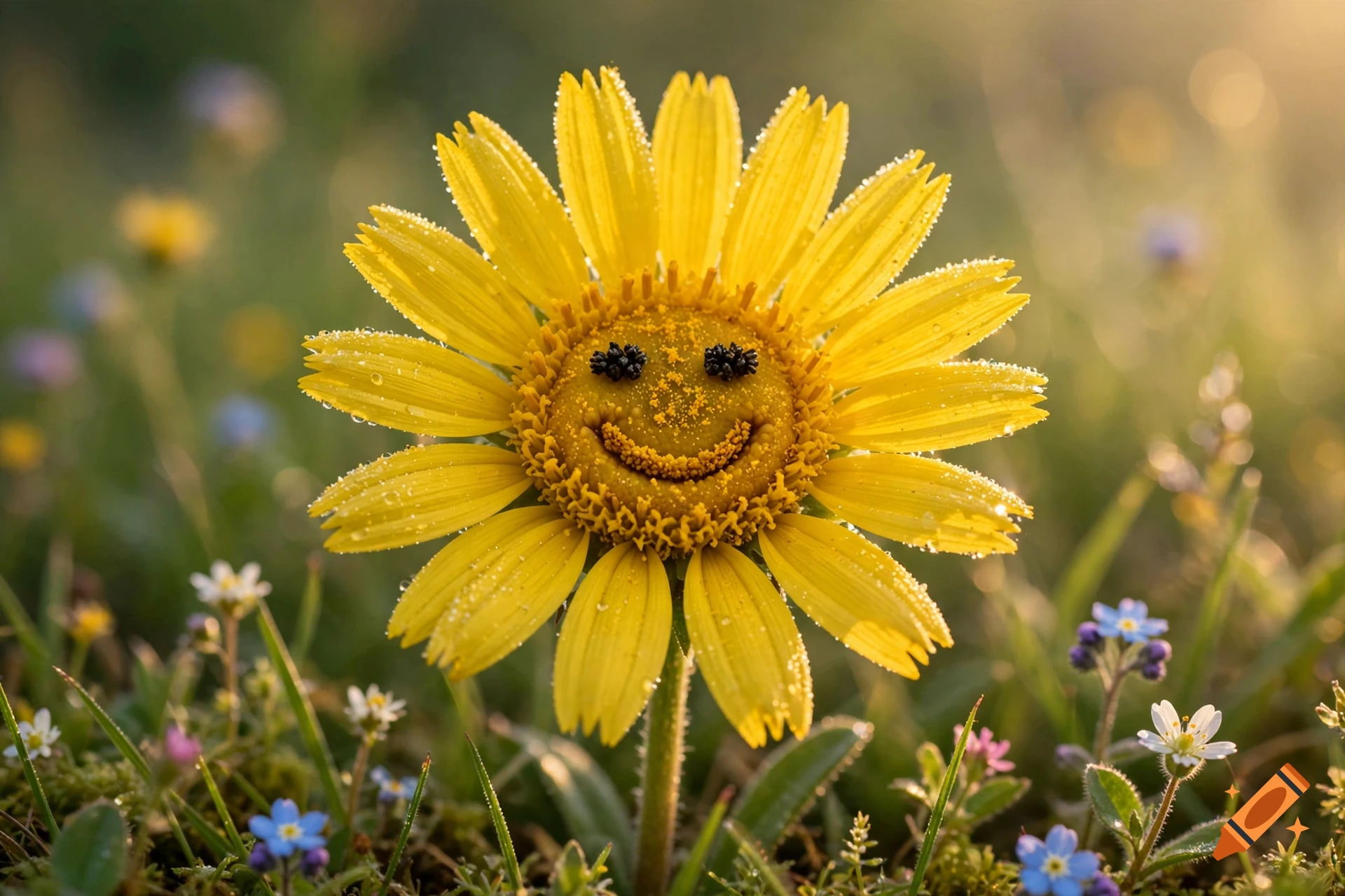 Close-up photorealistic shot of a yellow daisy with a smiling face made of dark seeds in a sunny meadow with morning dew.