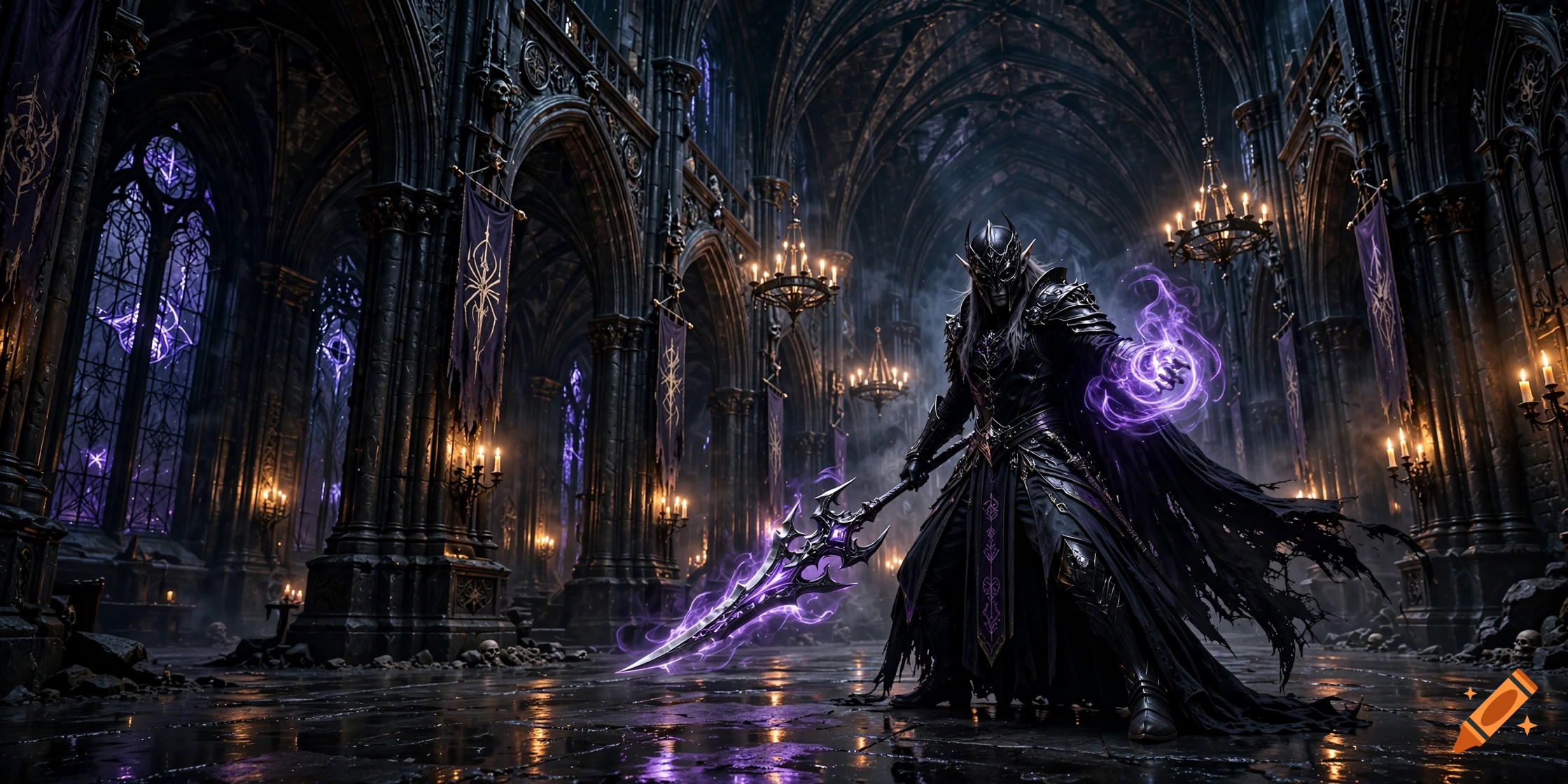 A dark elf warrior in ornate black armor wielding purple magic inside a massive gothic cathedral.