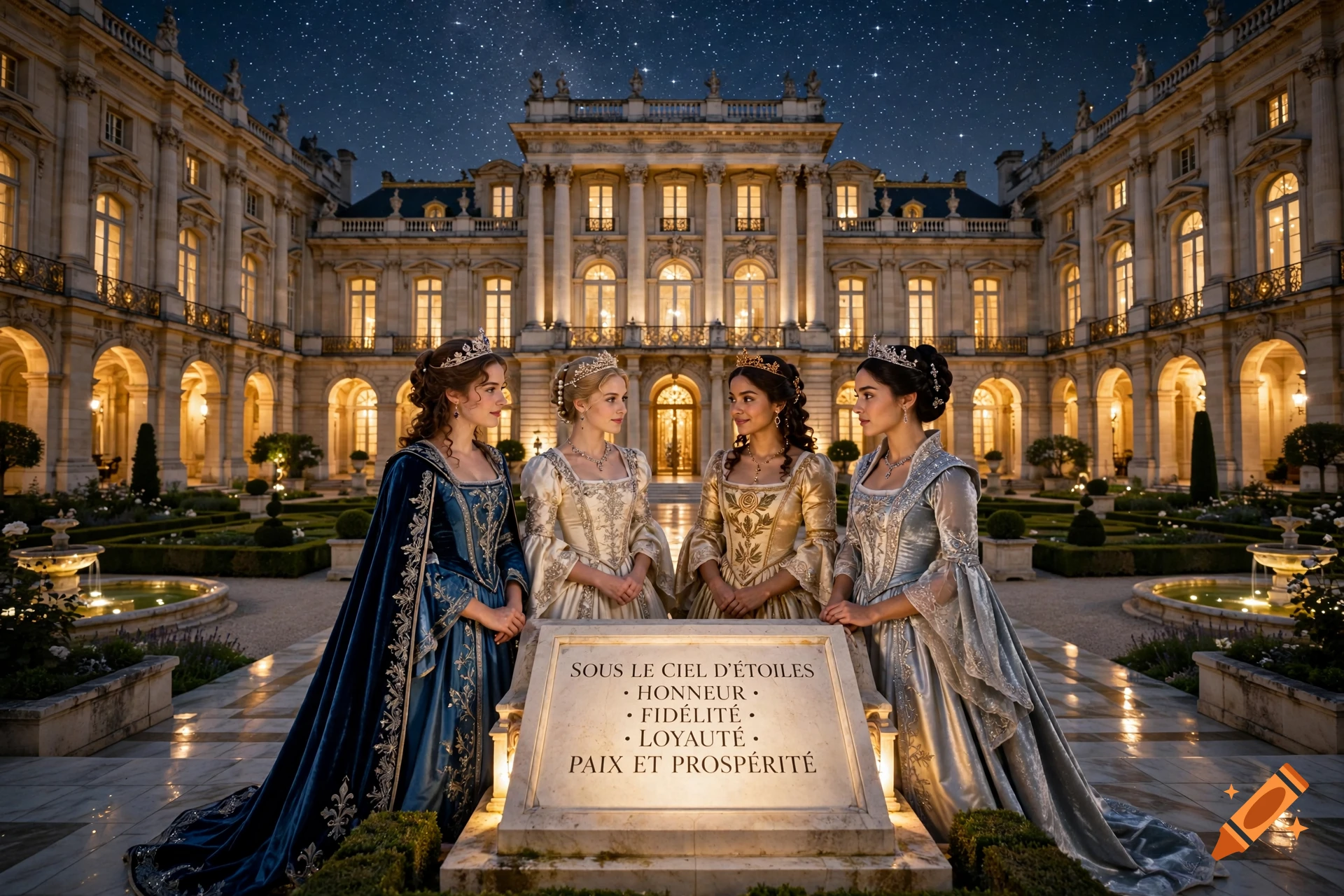 Four women in elegant historical gowns stand in front of a grand palace at night under a starry sky, surrounding an inscribed stone monument.
