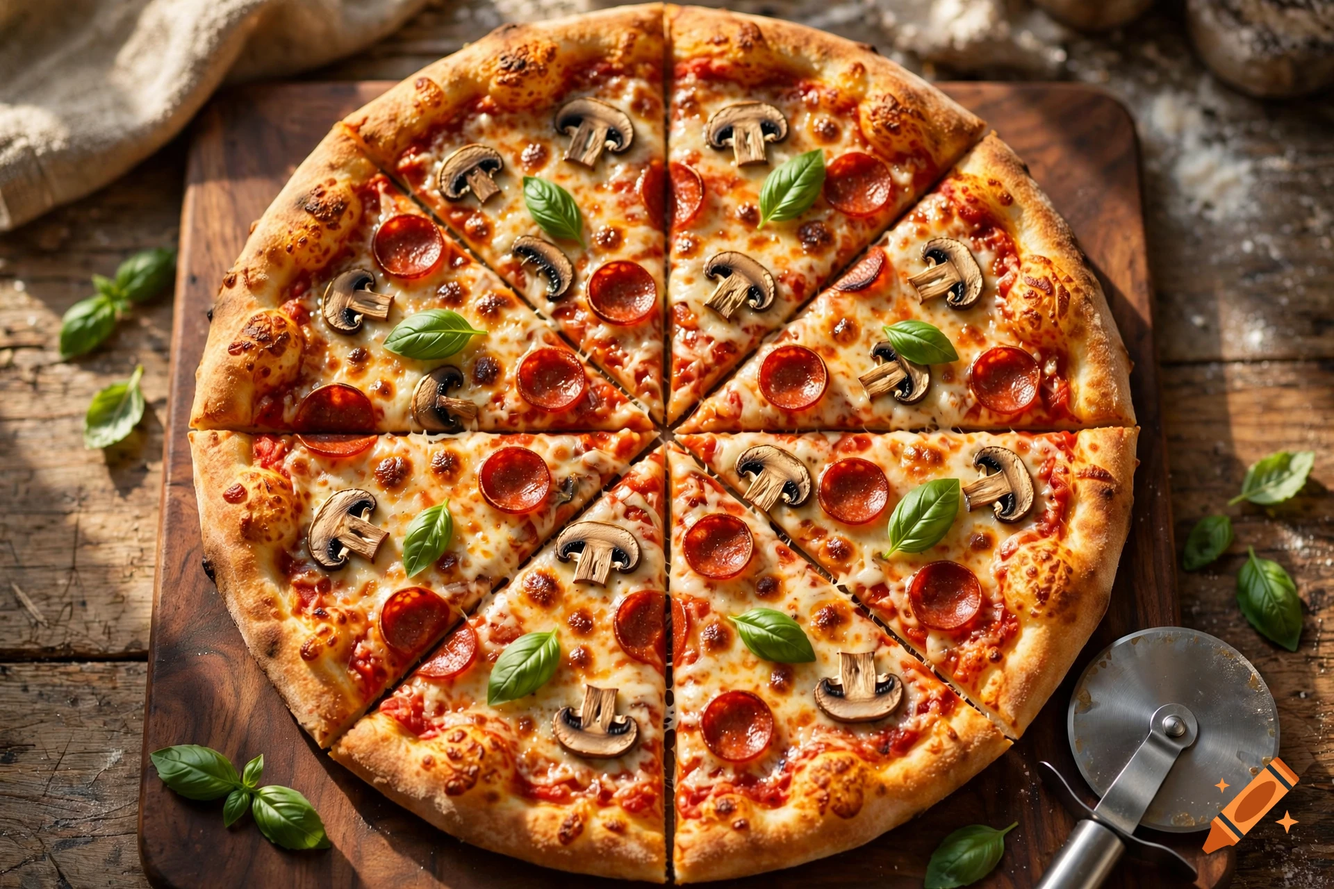 Photorealistic top-down view of a sliced pizza with pepperoni, mushrooms, and fresh basil on a wooden cutting board.