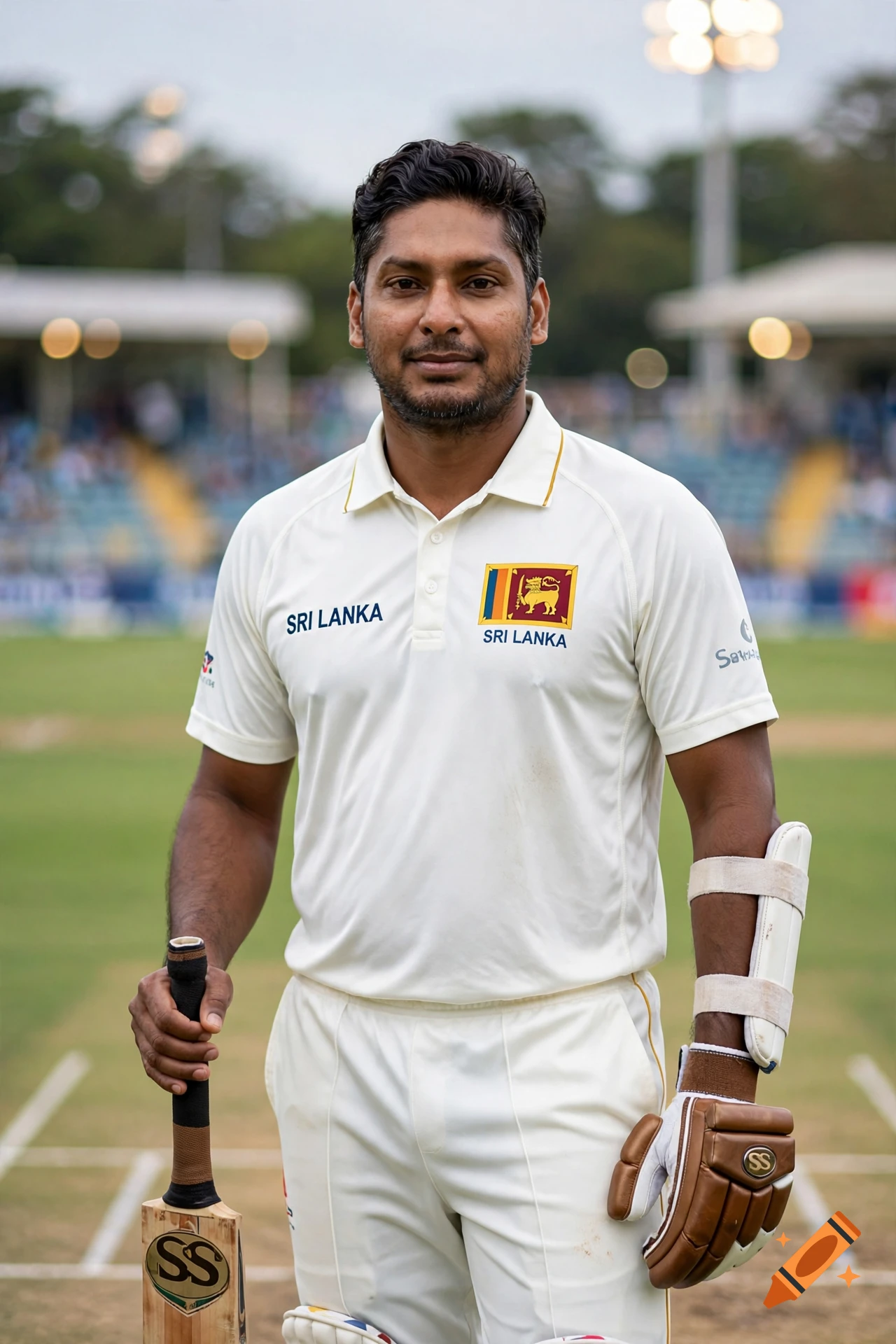 Photorealistic portrait of a male cricketer in a Sri Lankan white Test cricket uniform holding a bat.