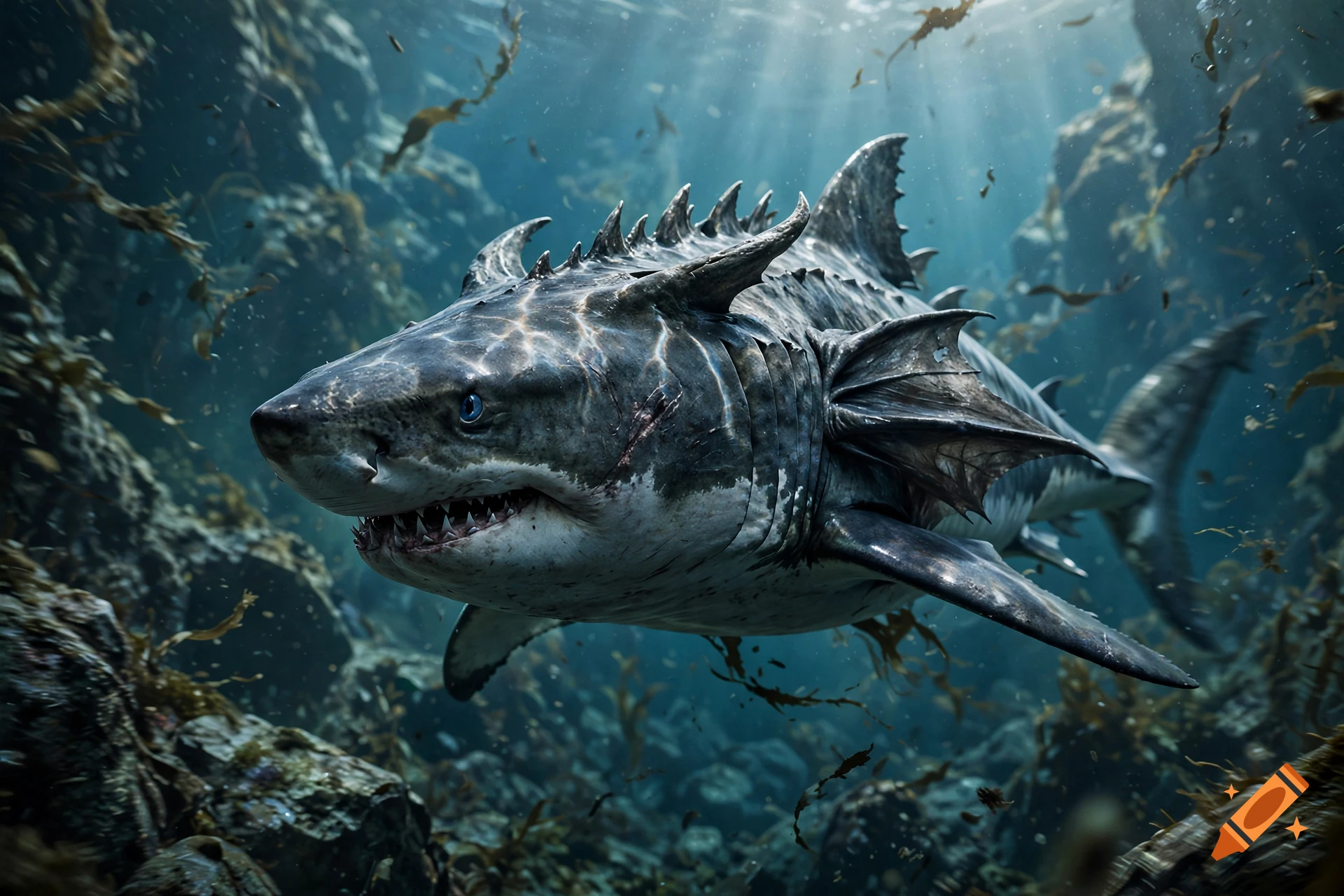 Photorealistic image of a menacing dragon shark swimming through an underwater rocky trench with sun rays.