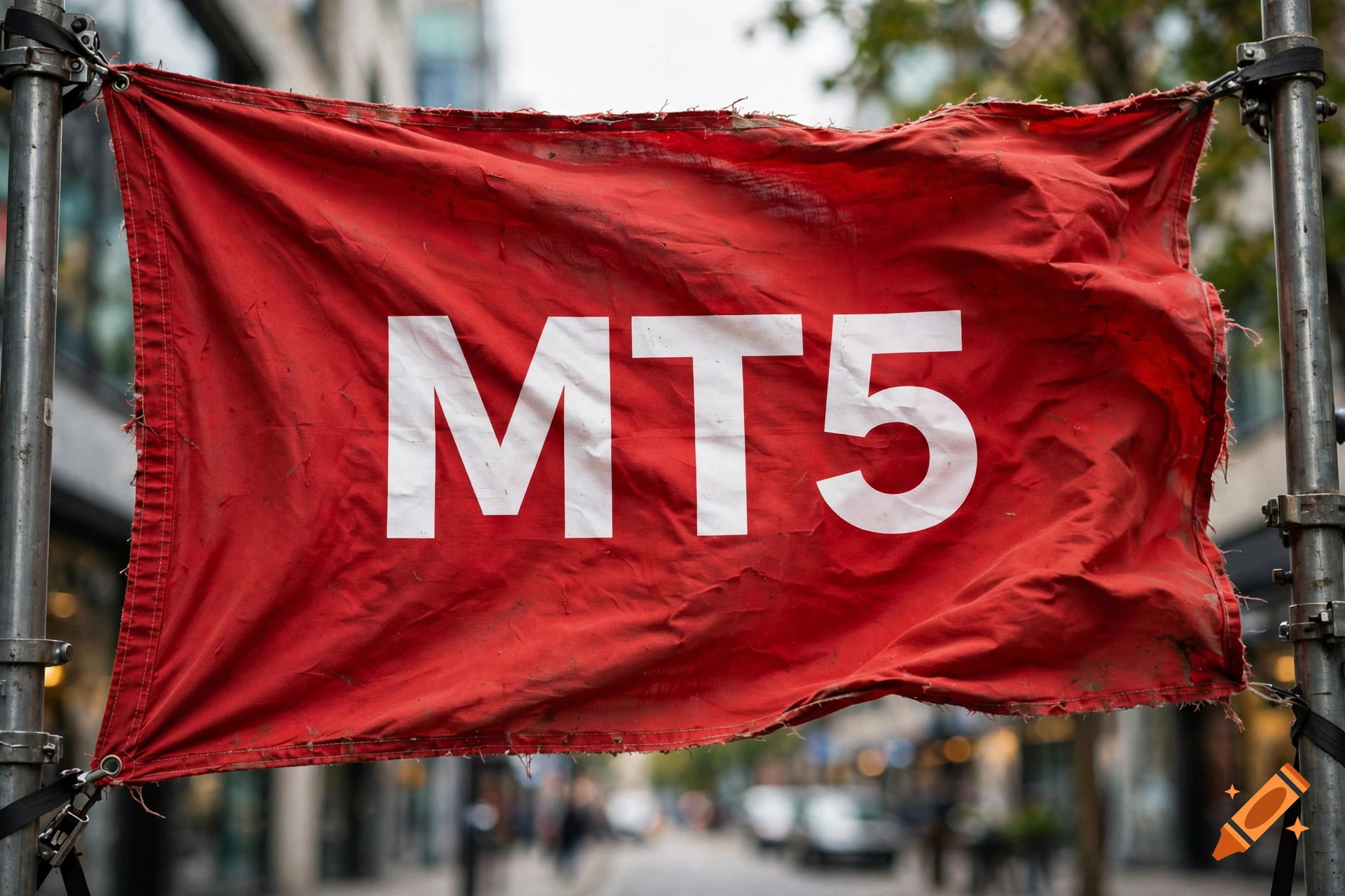 A red tattered banner reading 'MT5' in white letters, mounted on scaffolding outdoors.