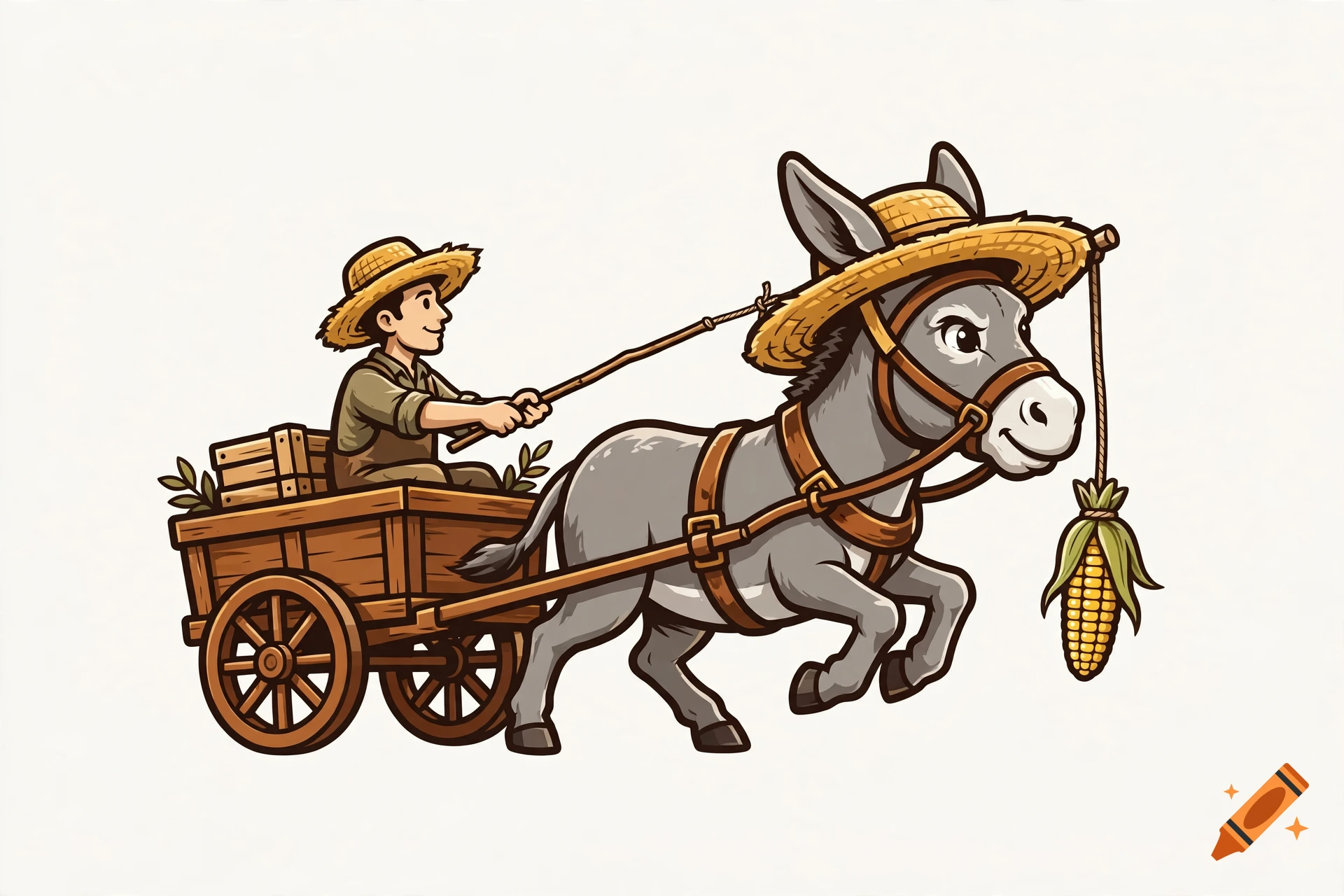 Illustration of a donkey in a straw hat pulling a wooden cart driven by a smiling man in a straw hat holding a corn on a stick.