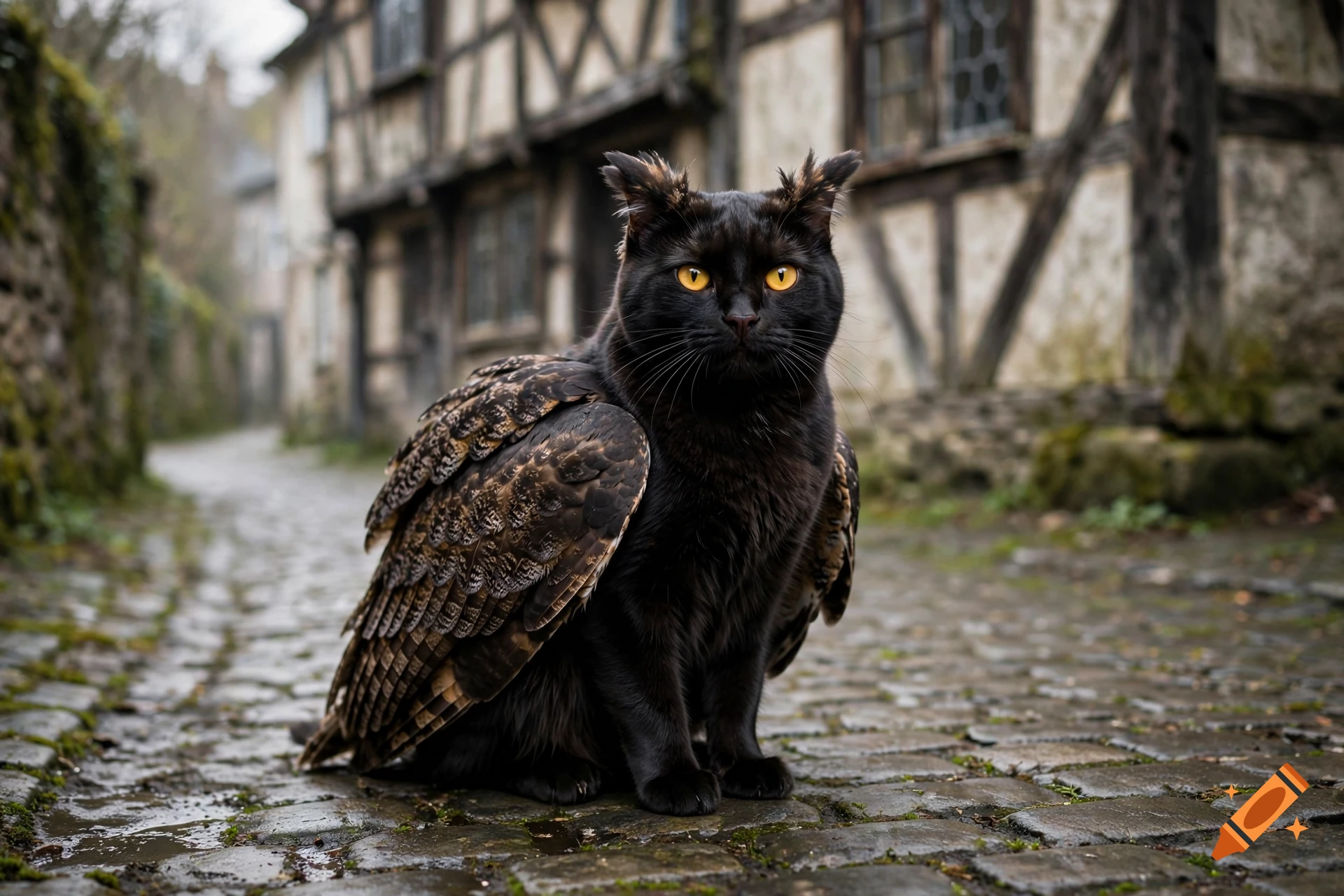 A mythical creature resembling a black cat with wings sits on a cobblestone street in front of a half-timbered building.