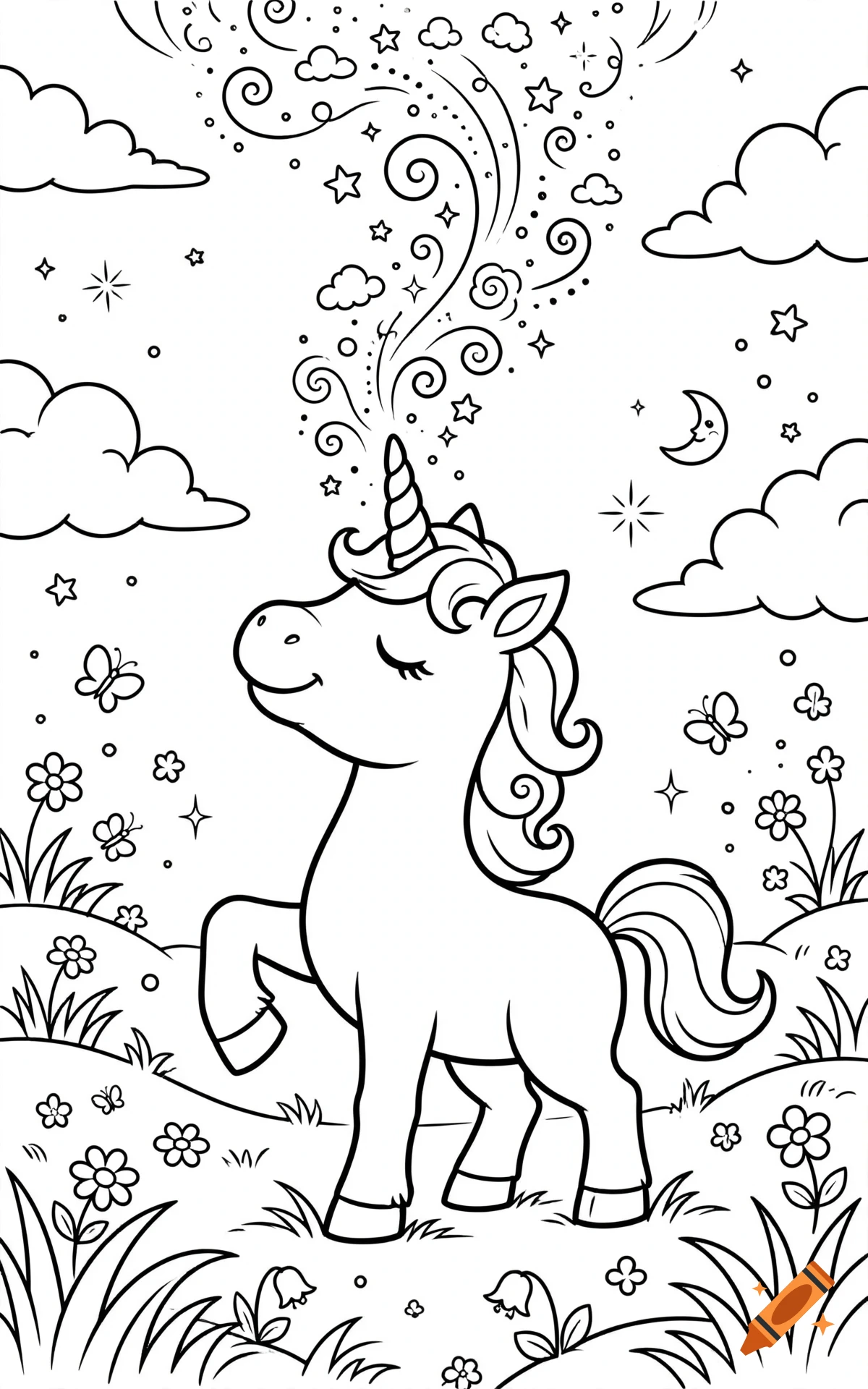 Black and white line art coloring page of a cute whimsical unicorn in a meadow with clouds, stars, and butterflies.