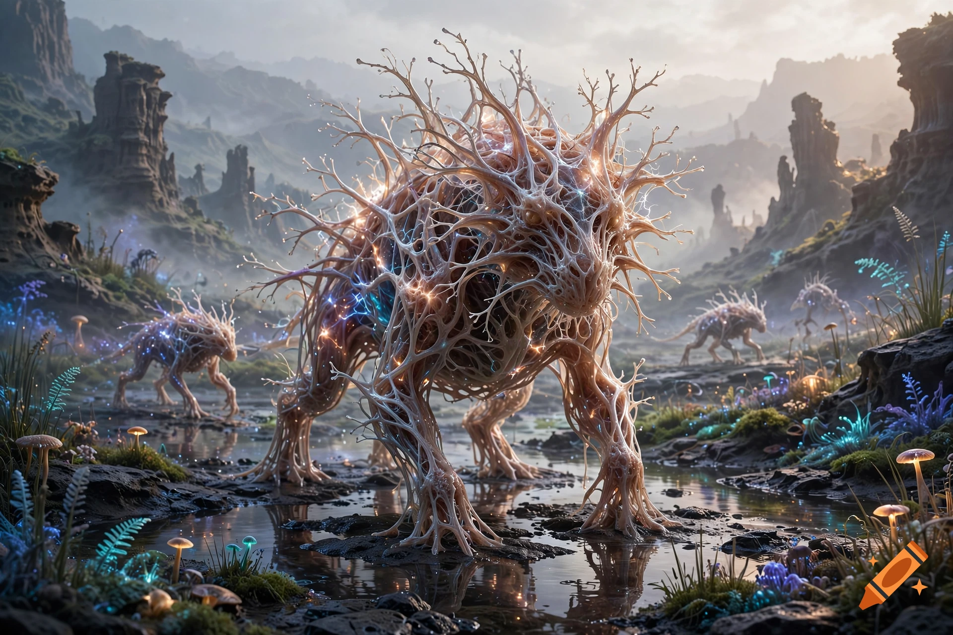 Photorealistic image of biomorphic creature made of neuron-like structures in an alien landscape with misty mountains.
