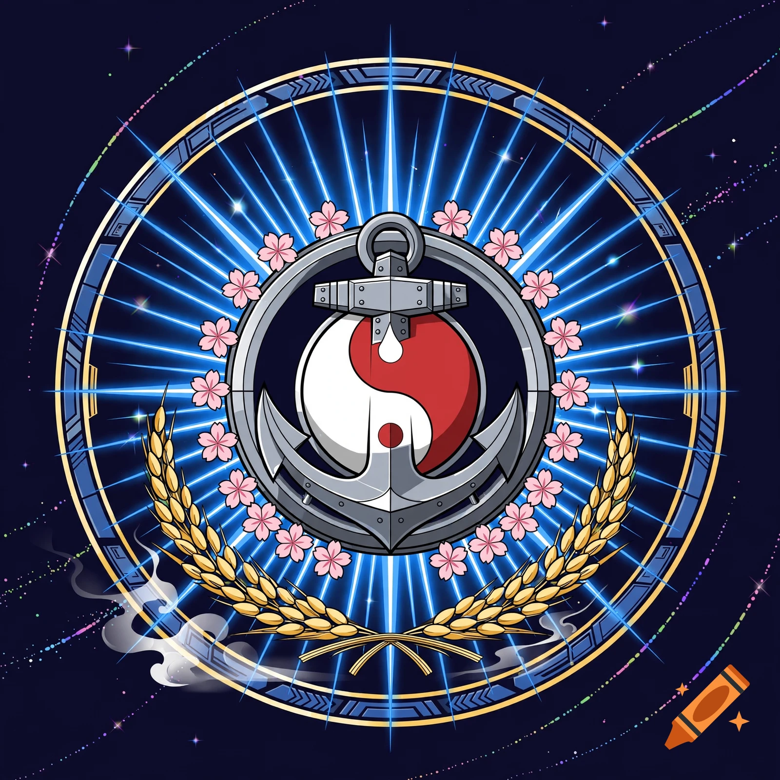 A cosmic military emblem featuring a battleship anchor fused with a red and white yin-yang orb, surrounded by cherry blossom petals and glowing blue energy lines in a sci-fi anime style.